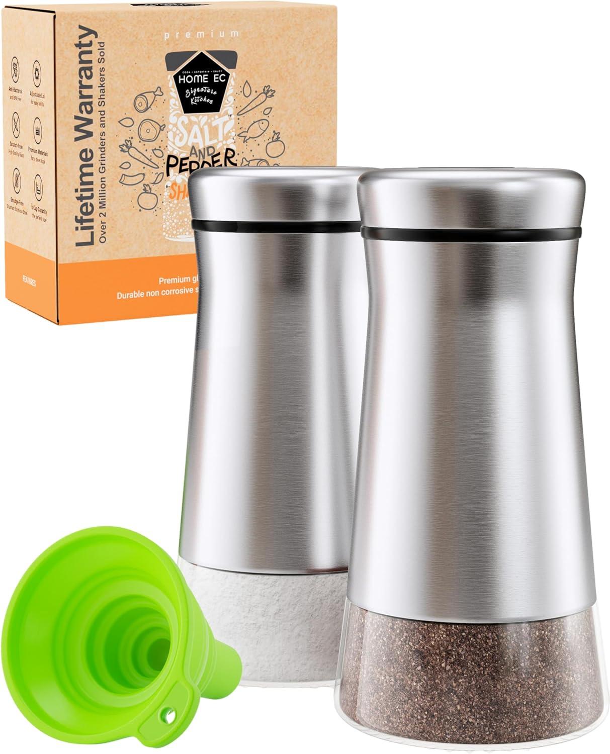 Home EC Salt and Pepper Shakers Set with Adjustable Pour Holes - Made of Elegant Stainless Steel and BPA Free Glass