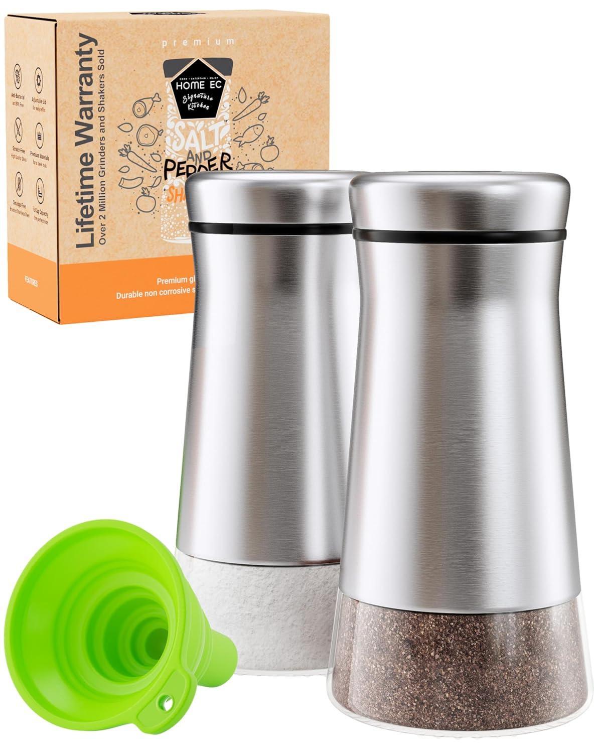 Home EC Salt and Pepper Shakers Set with Adjustable Pour Holes - Made of Elegant Stainless Steel and BPA Free Glass