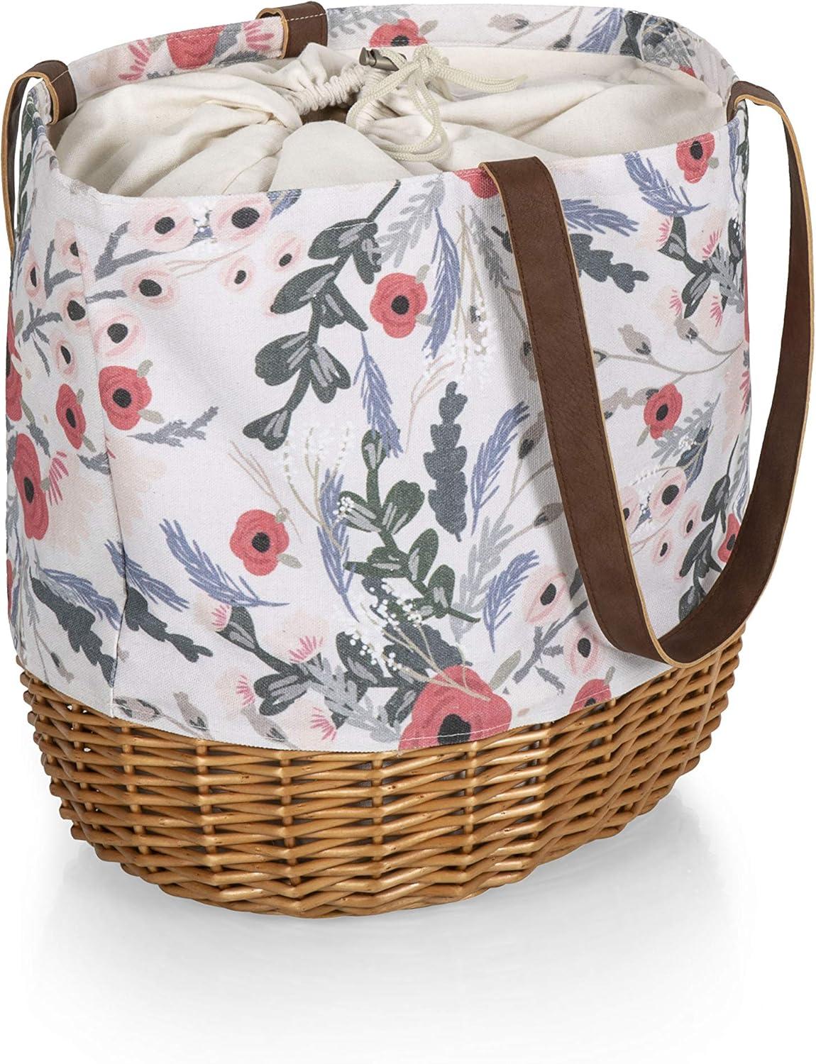 Picnic Time Coronado Canvas and Willow Basket Tote with Floral Pattern