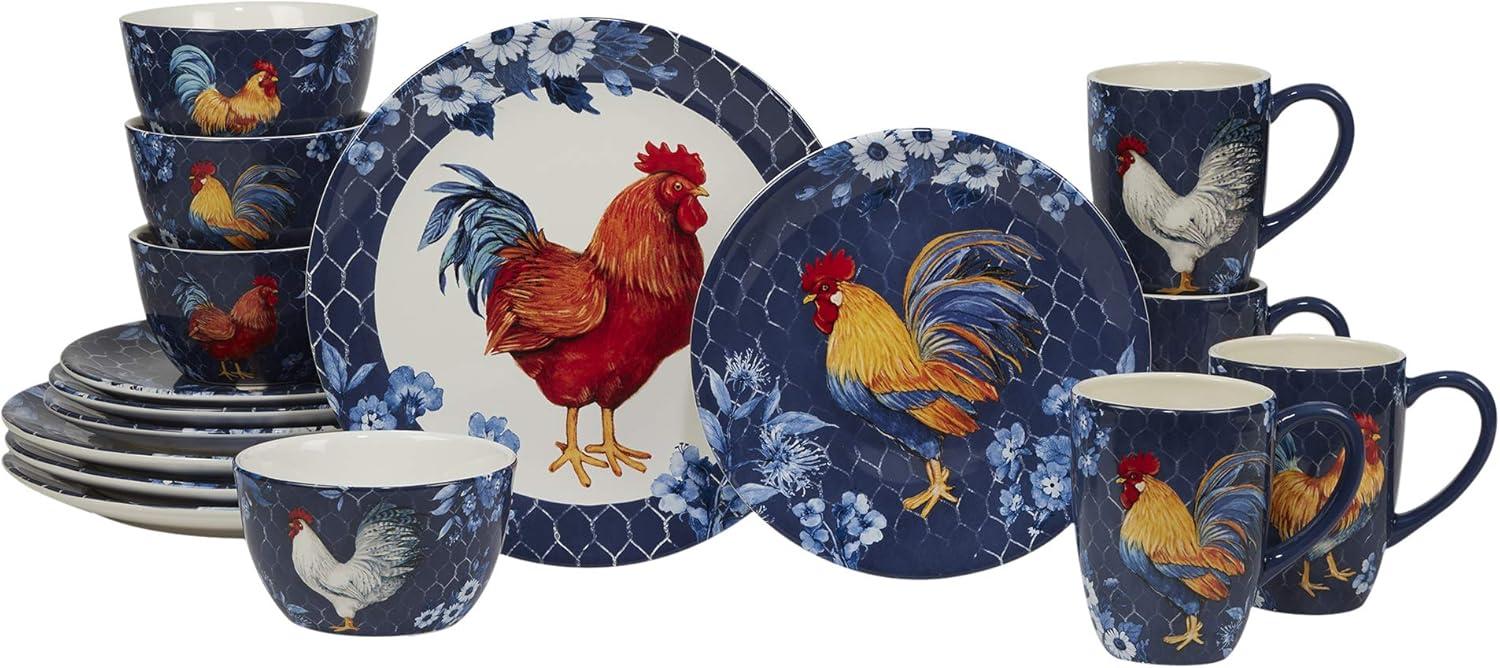 Indigo Rooster Ceramic 16-Piece Dinnerware Set, Service for 4