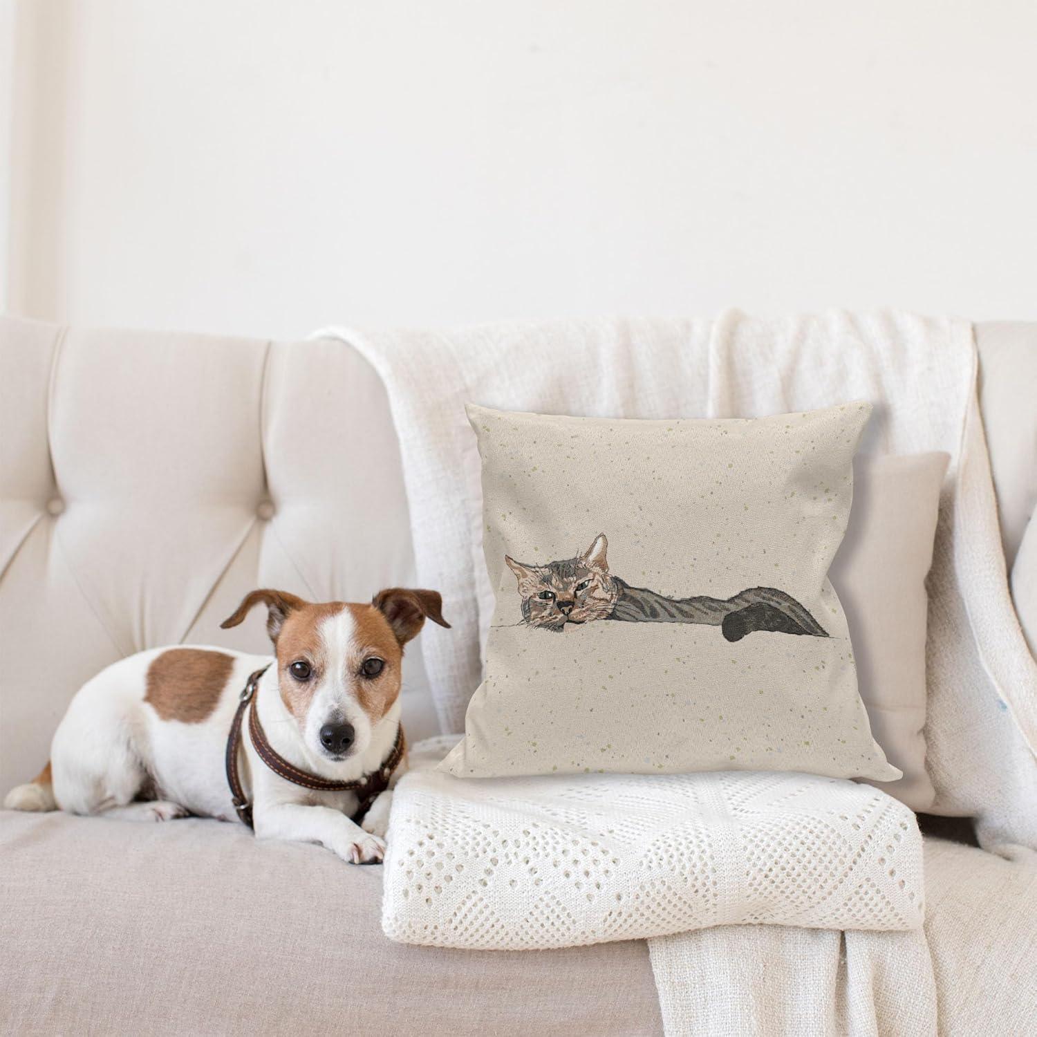 Cat Throw Pillow Cushion Cover, Lazy Sleepy Cat Figure in Earth Tones Cute Furry Mascot Indoor Pet Art Illustration, Decorative Square Accent Pillow Case, 16 X 16 Inches, Grey Beige, by Ambesonne