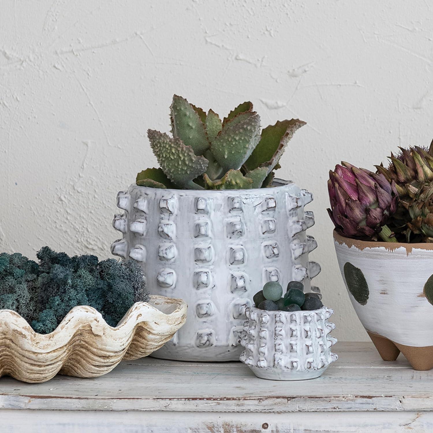 Ivory Stoneware Sculptural Planter with Reactive Glaze Finish