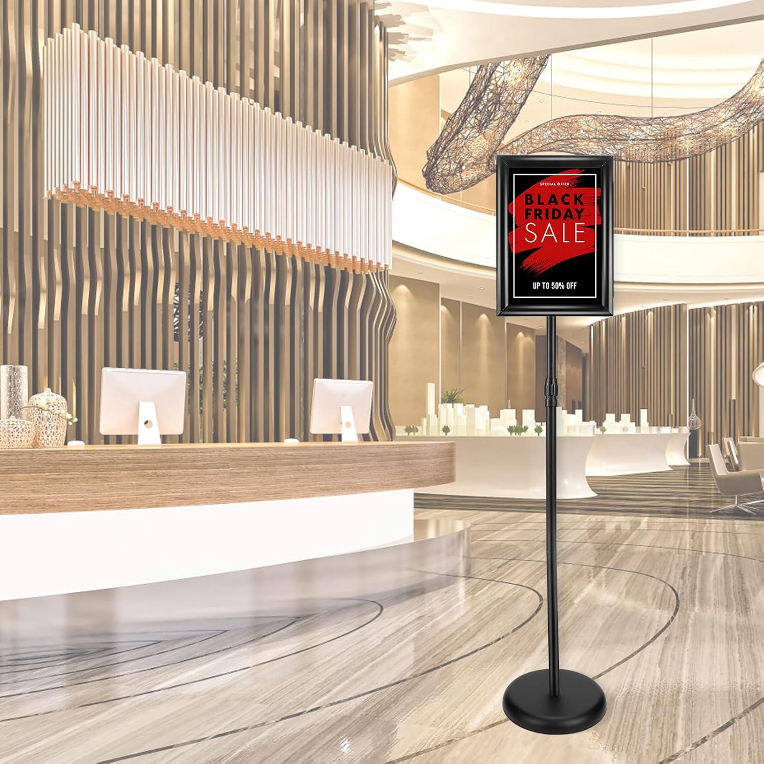 Adjustable Sign Holder Stand 8.5x11 inch,Pedestal Floor Signage Standing Holder with Heavy Duty Base, Aluminum Snap Open Frame Display for Business Restaurant, Mall,Schools-1 Pack