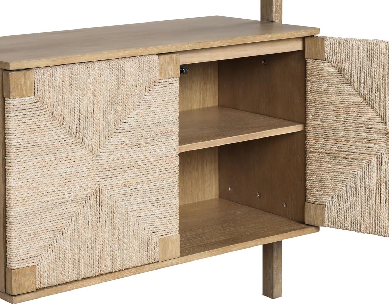 Brown Wood 3-Shelf Bookcase with Seagrass Doors