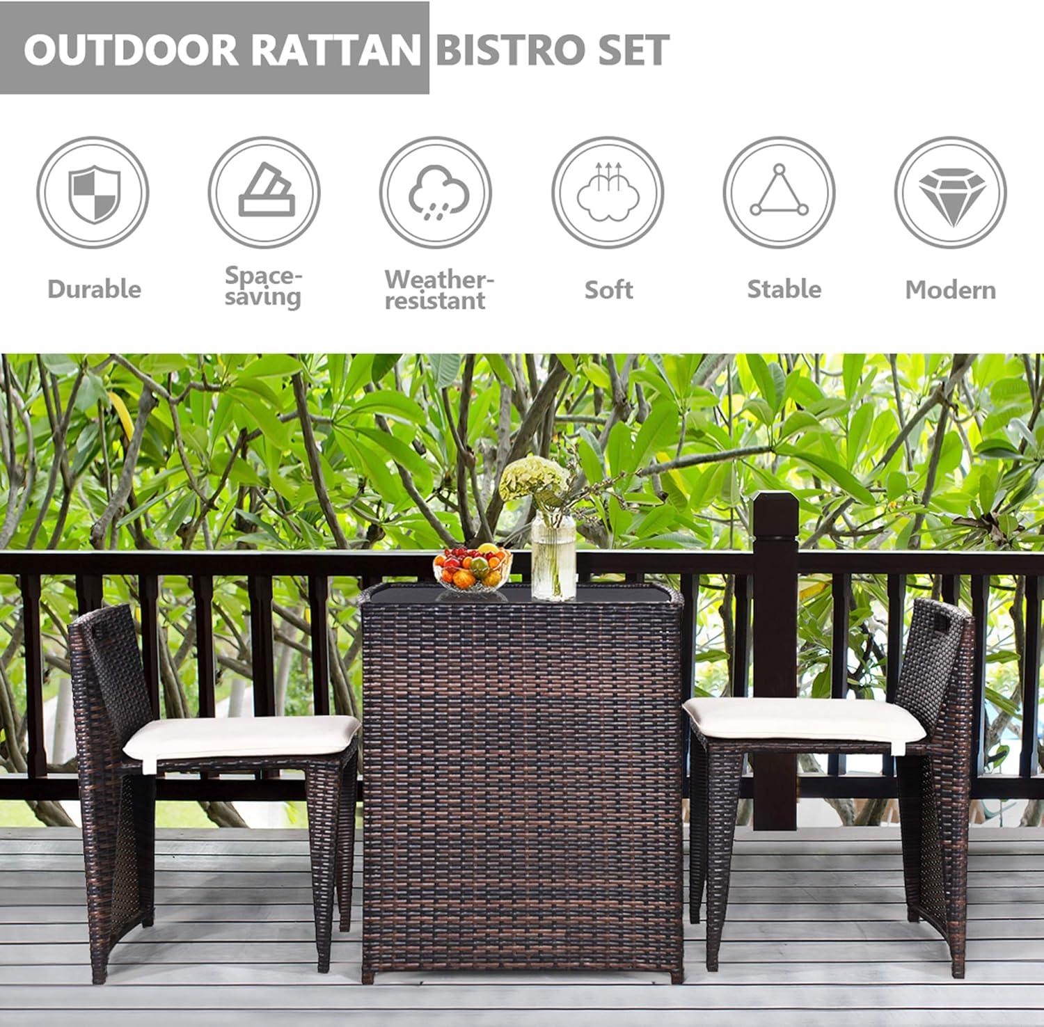 Tangkula 3 PCS Cushioned Wicker Patio Furniture Set Seat Sofa Outdoor No Assembly Brown
