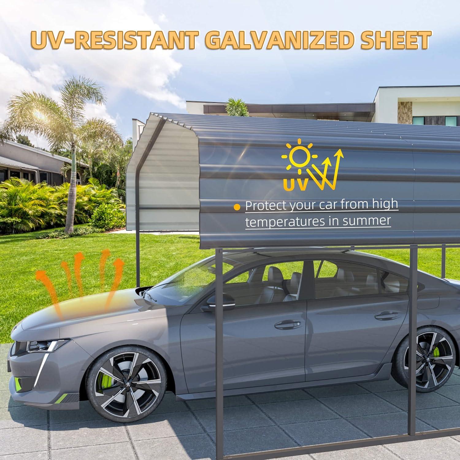 Erommy Carport with Galvanized Steel Roof, Multi-Use Shelter, Sturdy Metal Carport for Cars, Boats, and Tractors