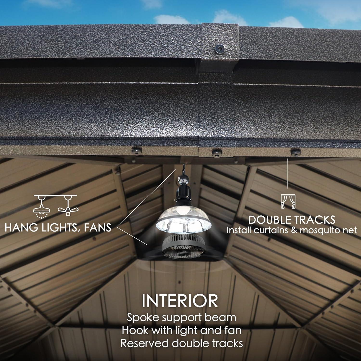Kozyard Alexander 10?x12? Dark Brown Double Roof Hardtop Gazebo with Curtain and Mosquito Netting