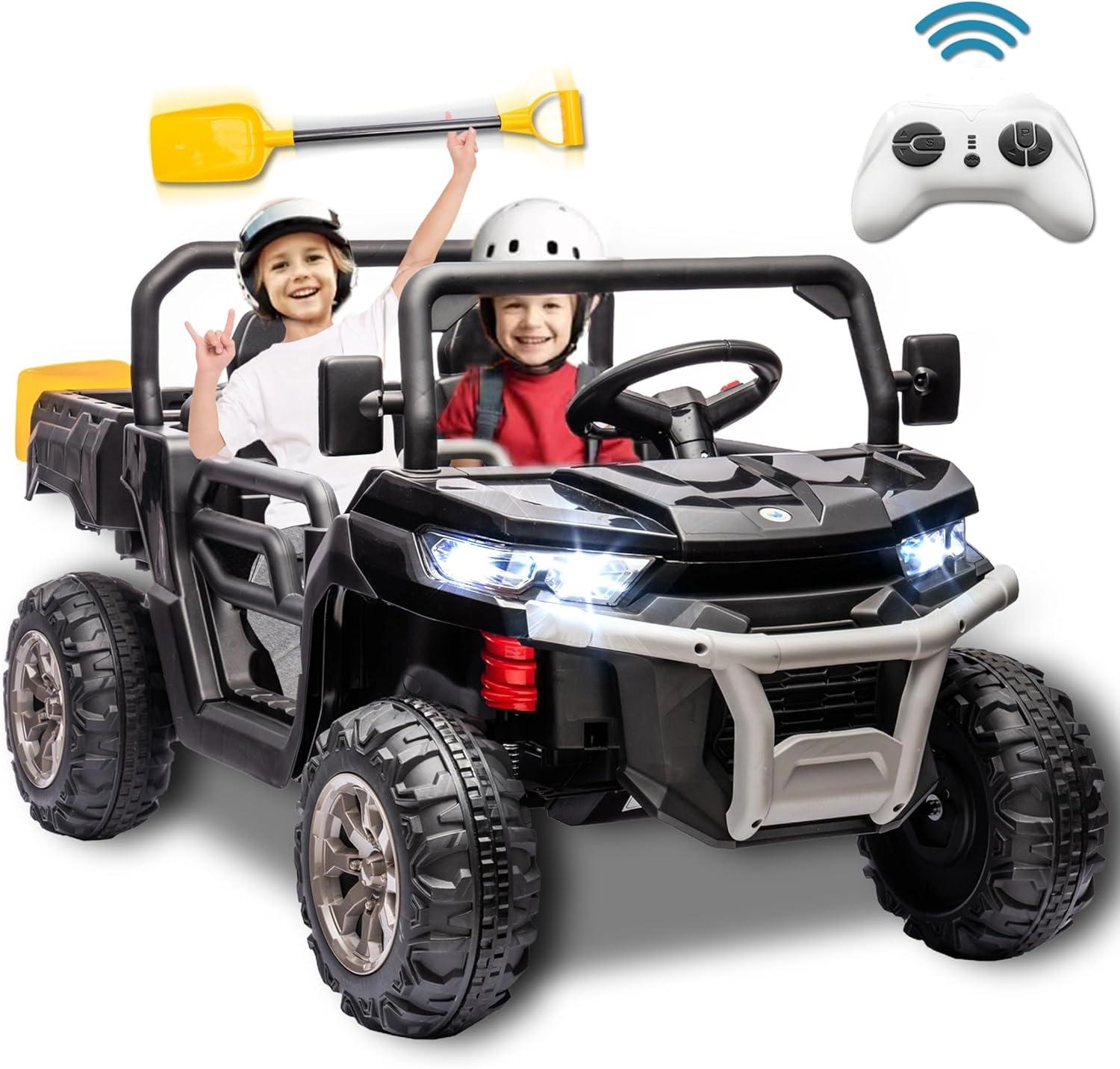 Xuanlur 24V 2 Seater Kids Ride on Car Truck, Ride on UTV W/ 2x200W Motor, 24 Volt Ride on Toys W/ Dump Bed/Shovel, Electric Car for Kids W/ Durable Tires, LED Light, Music, Remote Control, Black