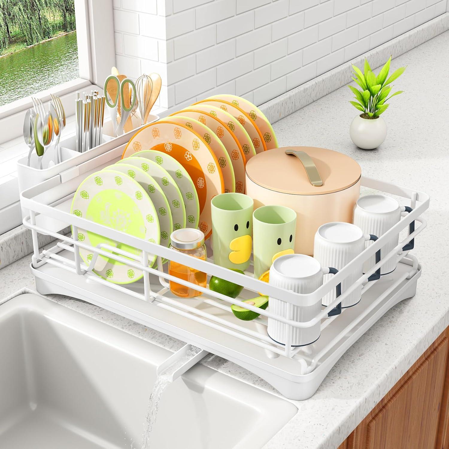 Expandable Stainless Steel Dish Drying Rack with Utensil Holder, White