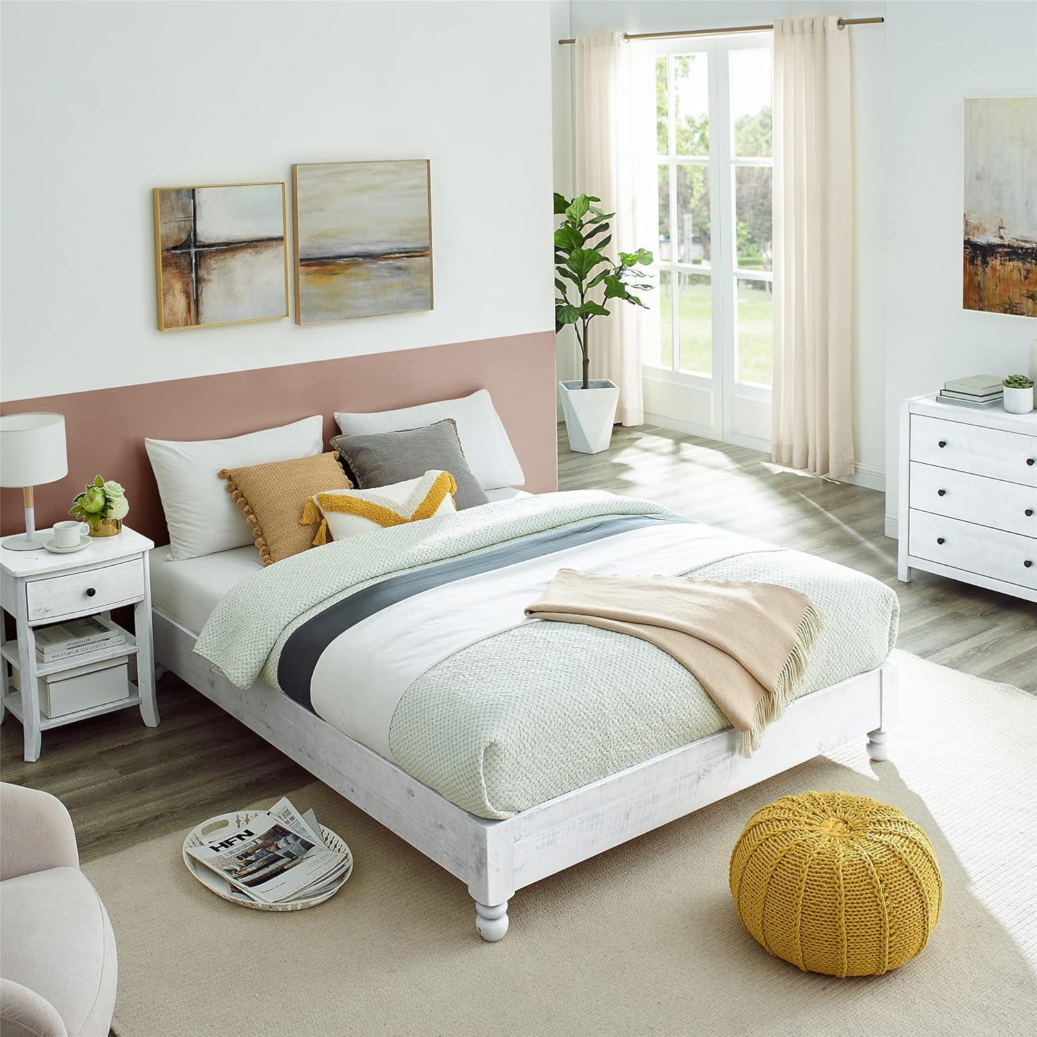 MUSEHOMEINC BF1002WQ 12 Inch Tall Easy Assembly Solid Pine Wood Rustic Platform Bed Frame with Wooden Slat Support, Whitewashed, Queen