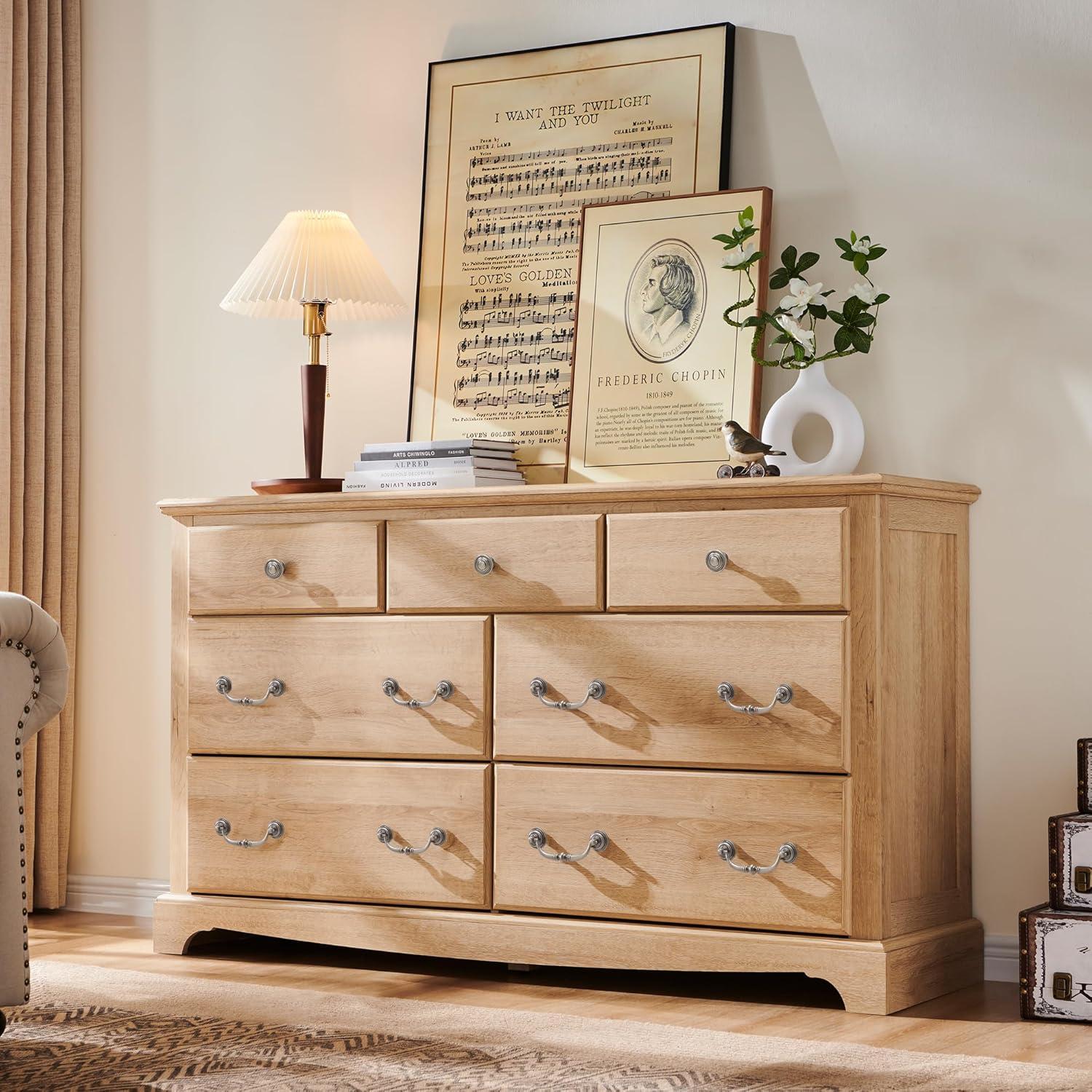 T4TREAM 7 Drawers Dresser Chests for Bedroom, Wood Vintage Chests of Drawers, Rustic Dressers Chset Organizer for Bedroom, Living Room, Hallway, Natural Oak