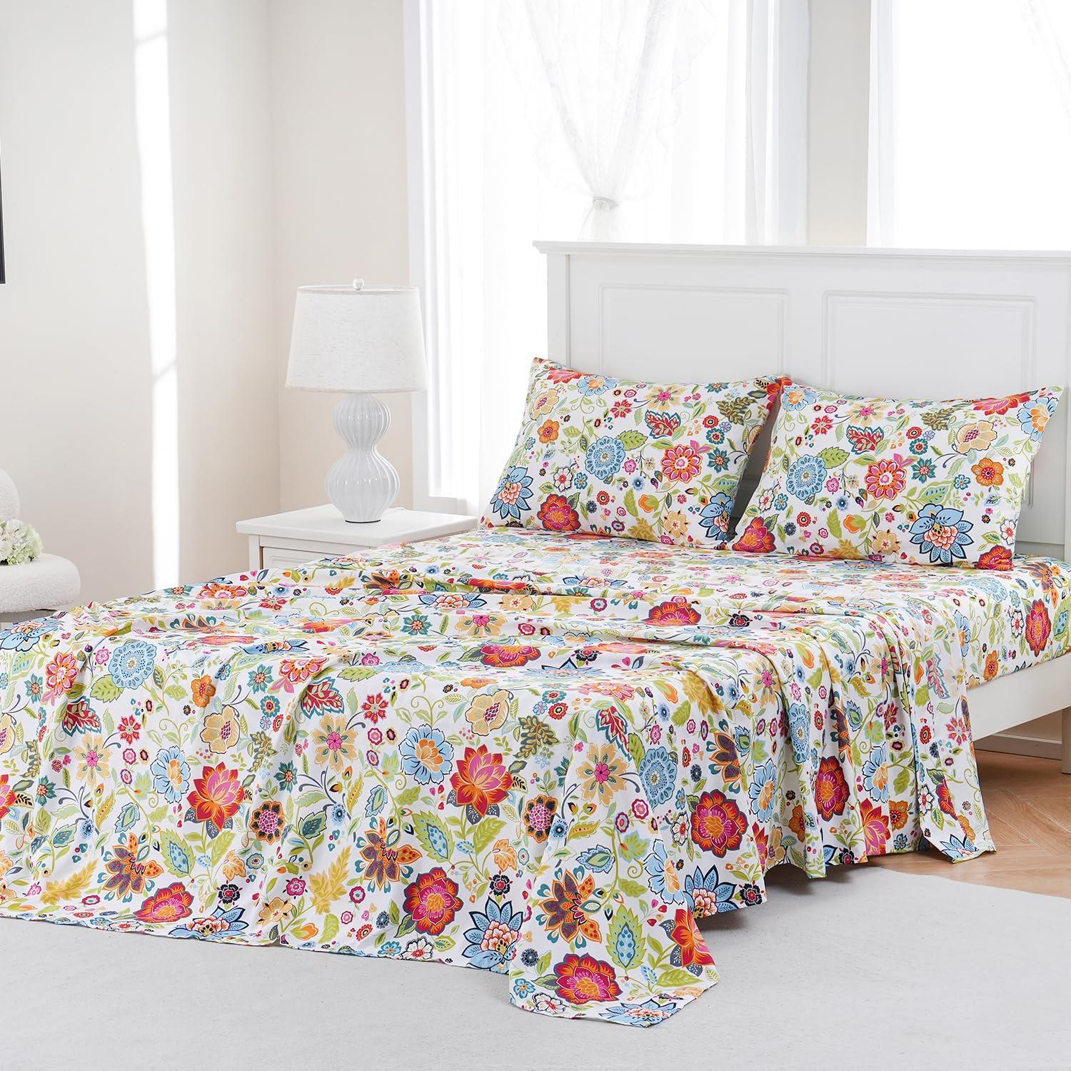 MEISHANG Queen Sheet Set - Floral Sheets Deep Pocket Ultra Soft Brushed Microfiber with Up to 16" Mattresses - Wrinkle Free - 4 Pieces(Queen,Spring Flower)