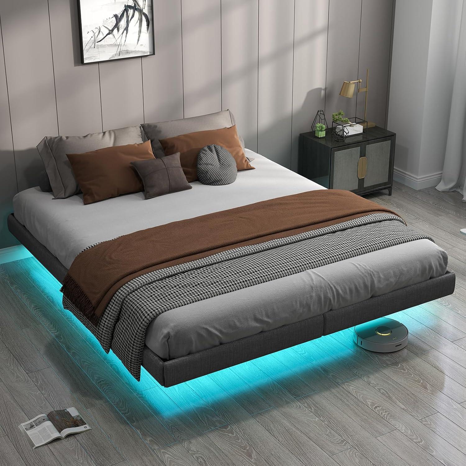 Floating Bed Frame With Led Lights Metal Platform Bed, No Squeak