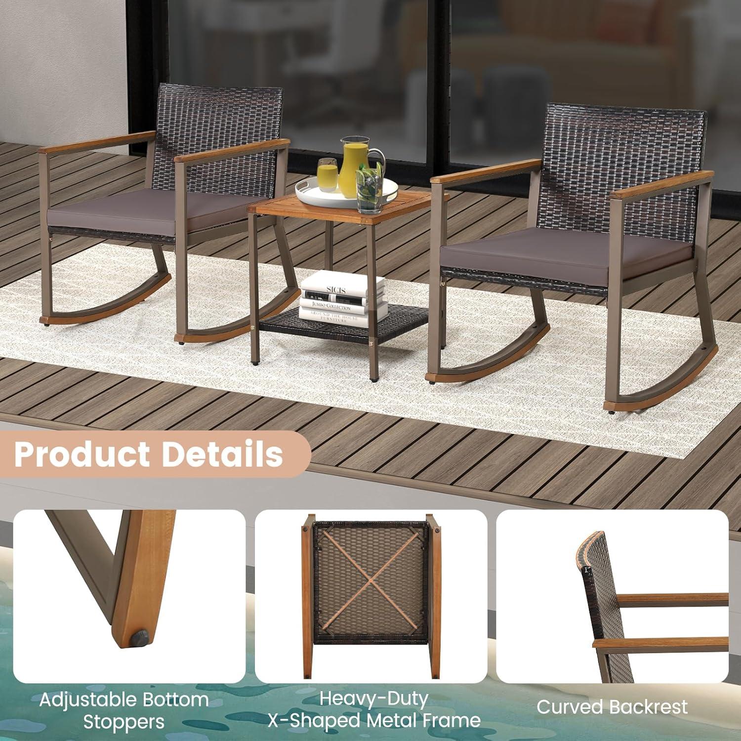 3 Pieces Rattan Rocking Bistro Set, Patio Conversation Sets with Coffee Table and Cushions-Off Navy