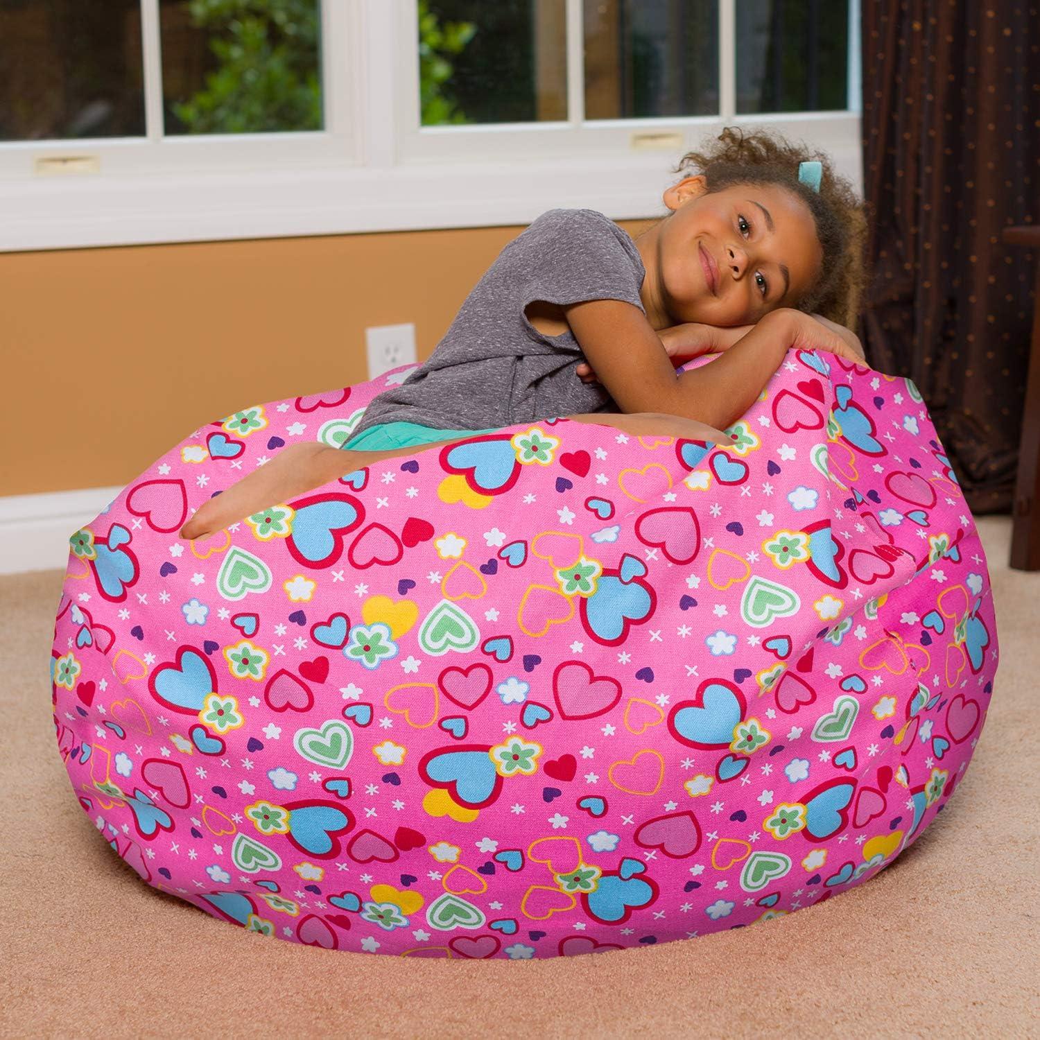 Large Pink Canvas Bean Bag Chair with Multicolor Hearts