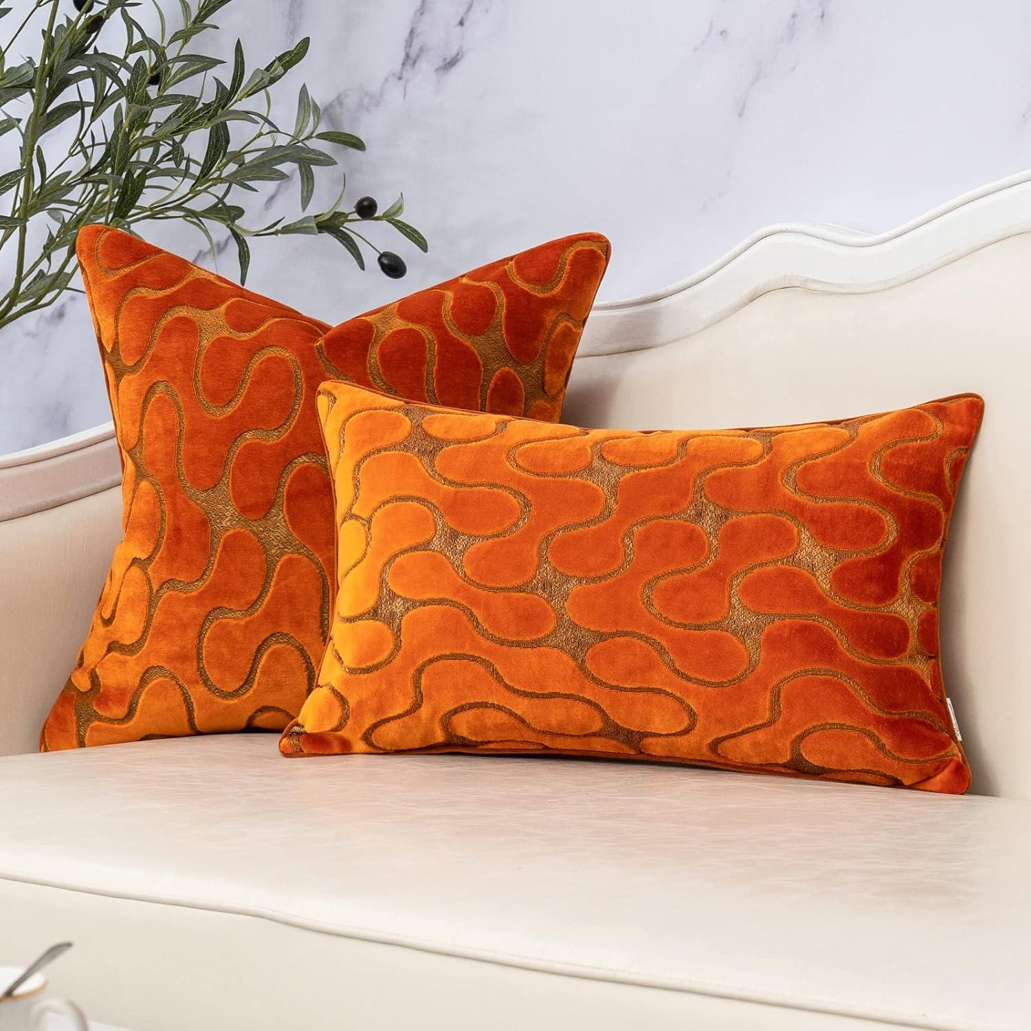 Burnt Orange Velvet Wavy Lumbar Pillow Cover 12x20 Inch