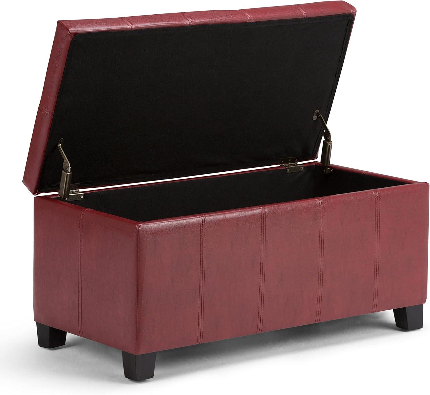 Simpli Home Dover Faux Leather Storage Bench in Radicchio Red