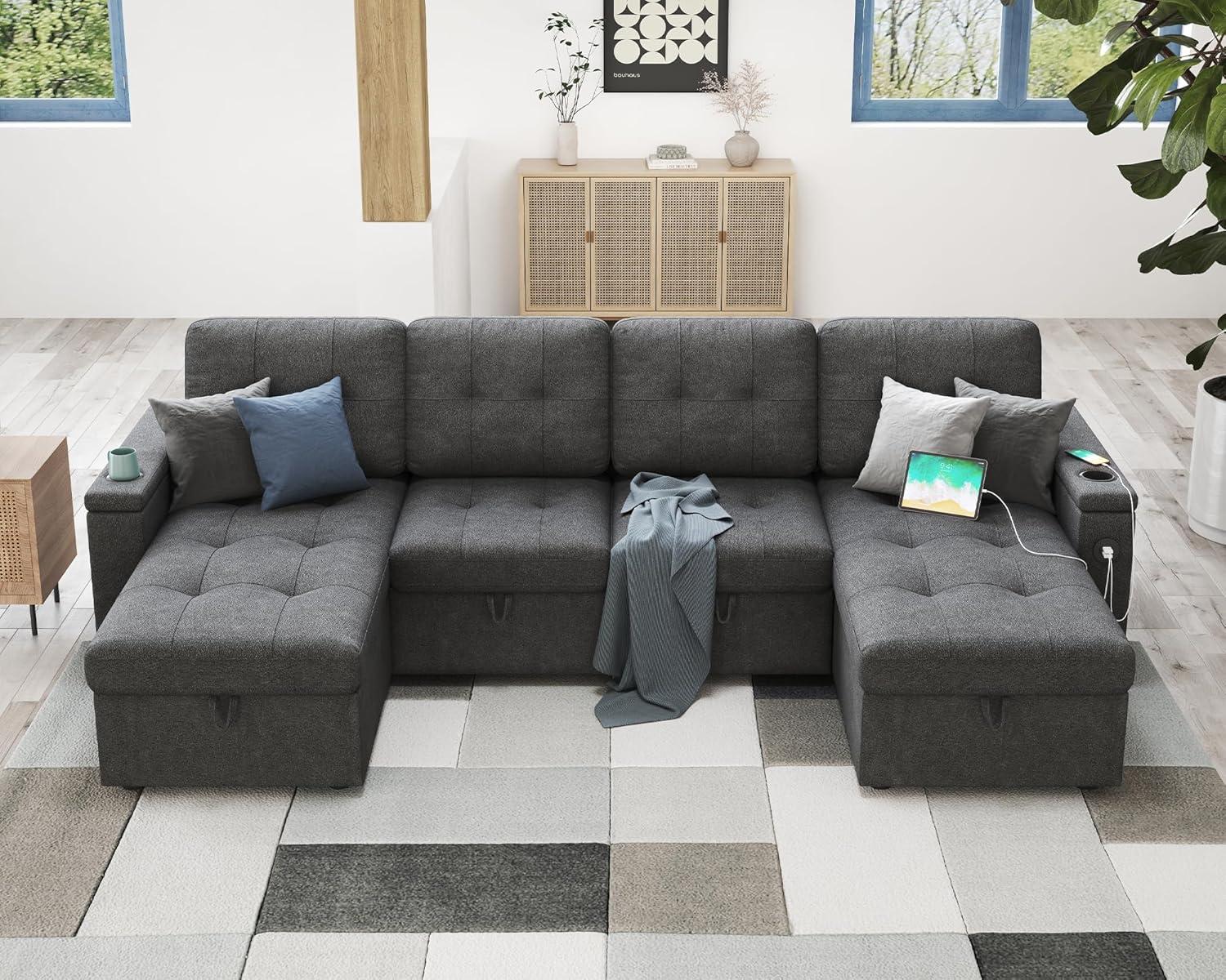 Latitude Run® Pull Out Sofa Bed With 2 USB Ports & Cup Holders, U Shaped Sleeper Sofa Bed With Dual Storage Chaise- Drak Gray