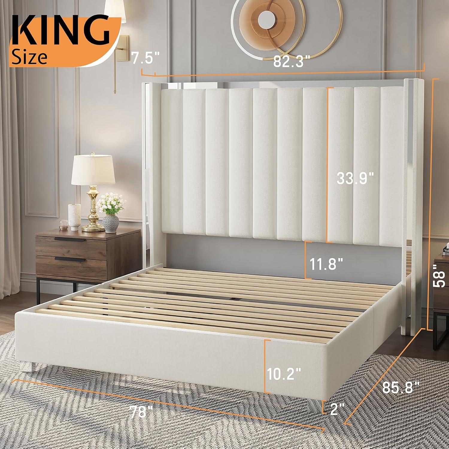 Merluxy Bed Frame with 58" tall Headboard, Velvet Upholstered Platform bed with Channel Tufted Wingback Headboard and Plating Trim, No Box Spring Needed,King,Cream