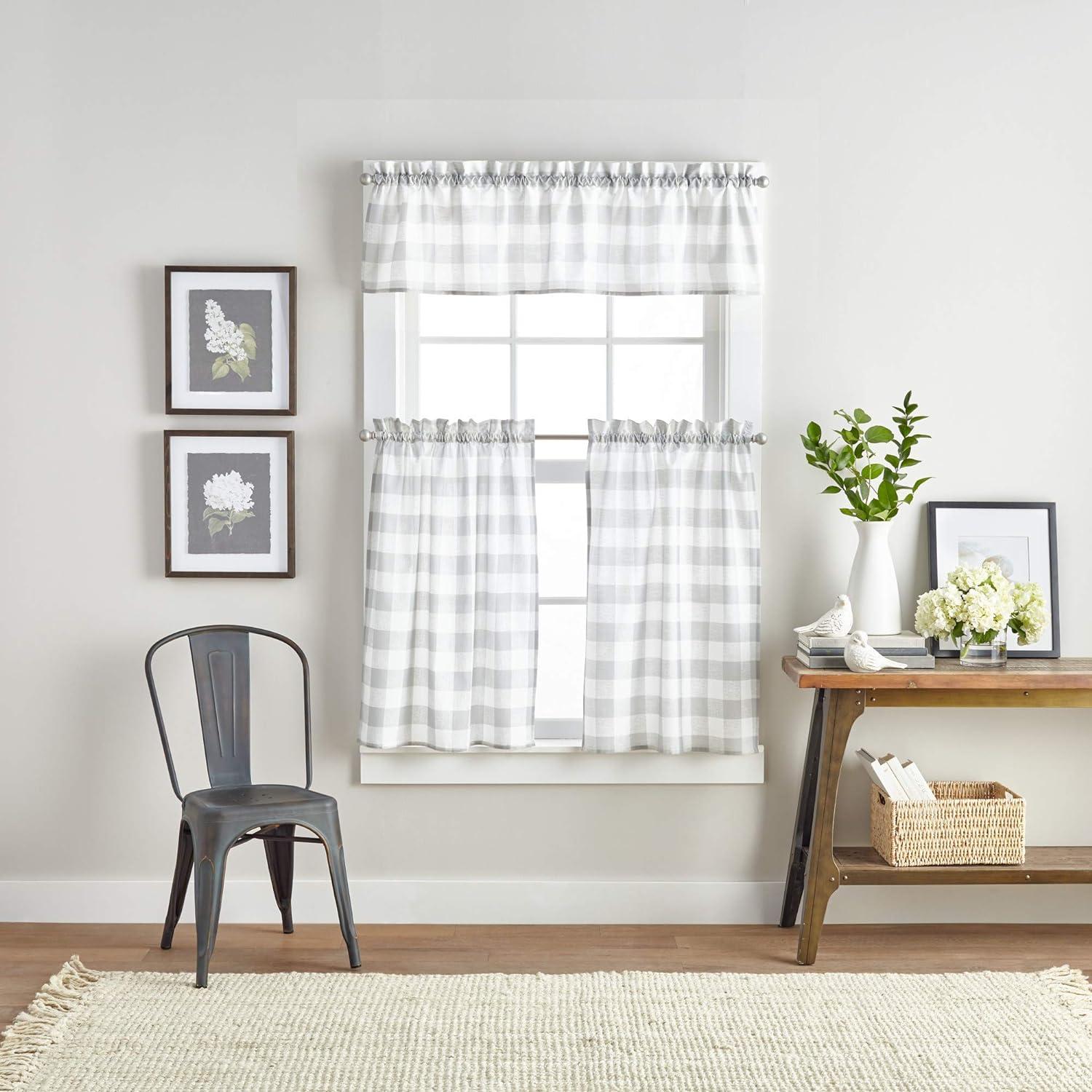 Gray and White Buffalo Check Polyester Cotton Valance and Tier Set