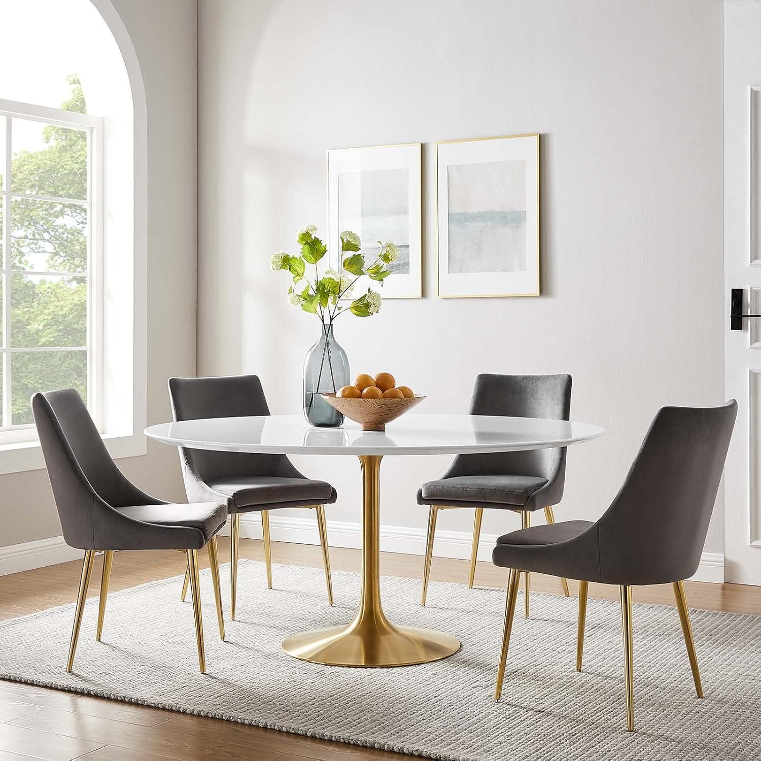 60" Round White Wood Dining Table with Gold Pedestal Base