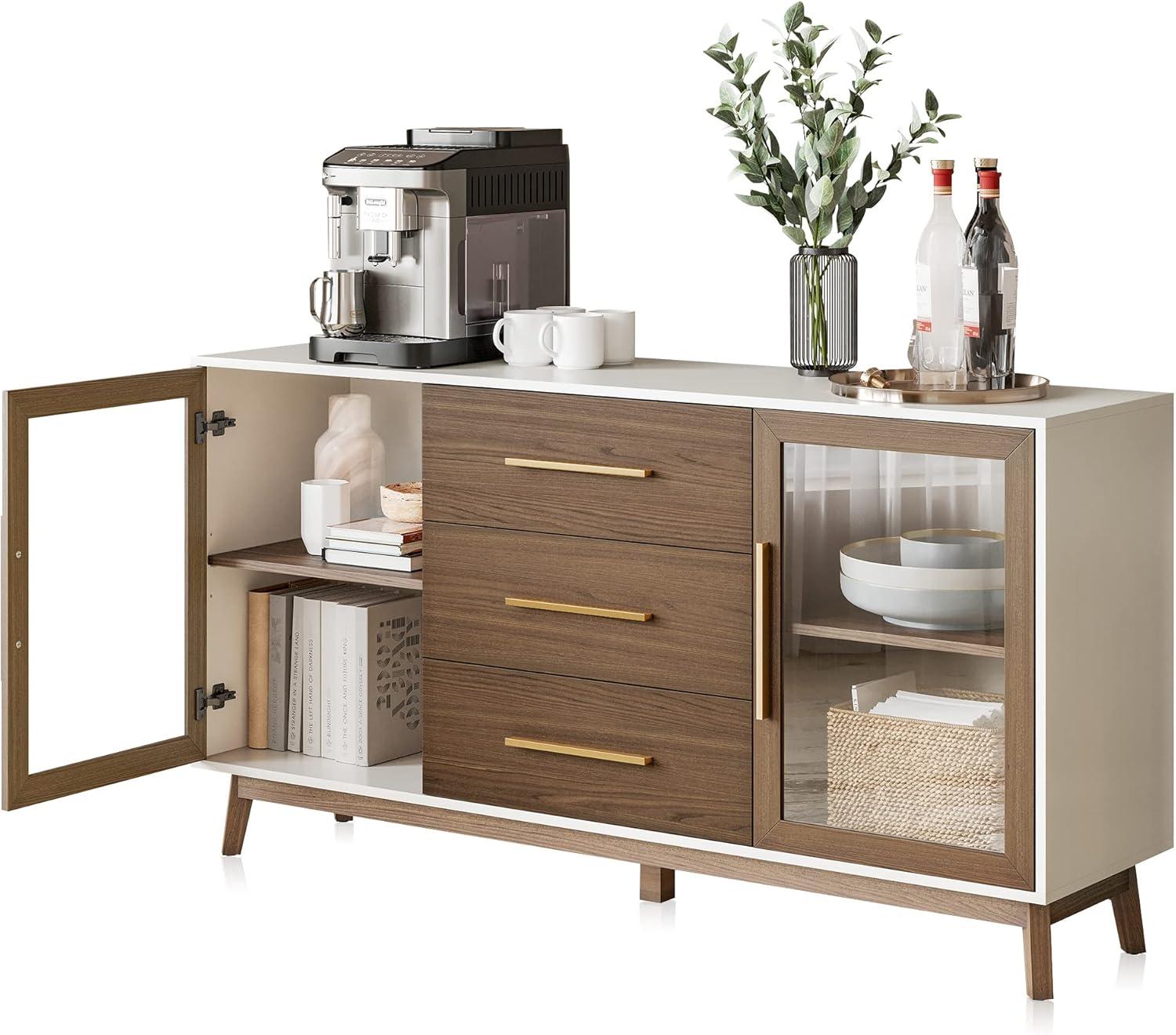 BELLEZE Modern Sideboard, Sideboard Buffet Cabinet with 3 Drawers & 2 Doors, Accent Cabinet for Dining Room, Hallway, Bedroom, or Kitchen - Troy (Brown)