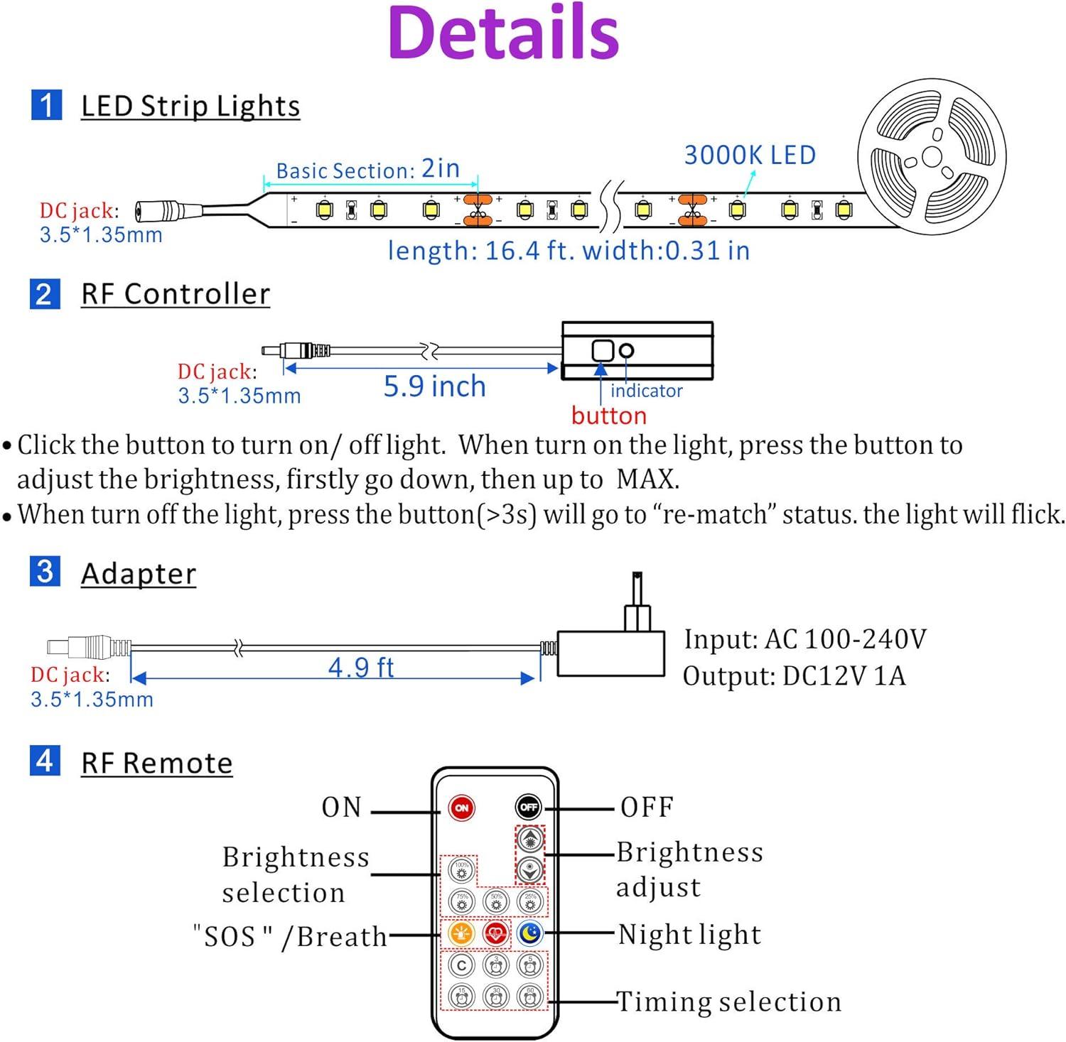 Warm White Dimmable LED Strip Lights: 16.4ft, RF Remote, ETL Listed Adapter