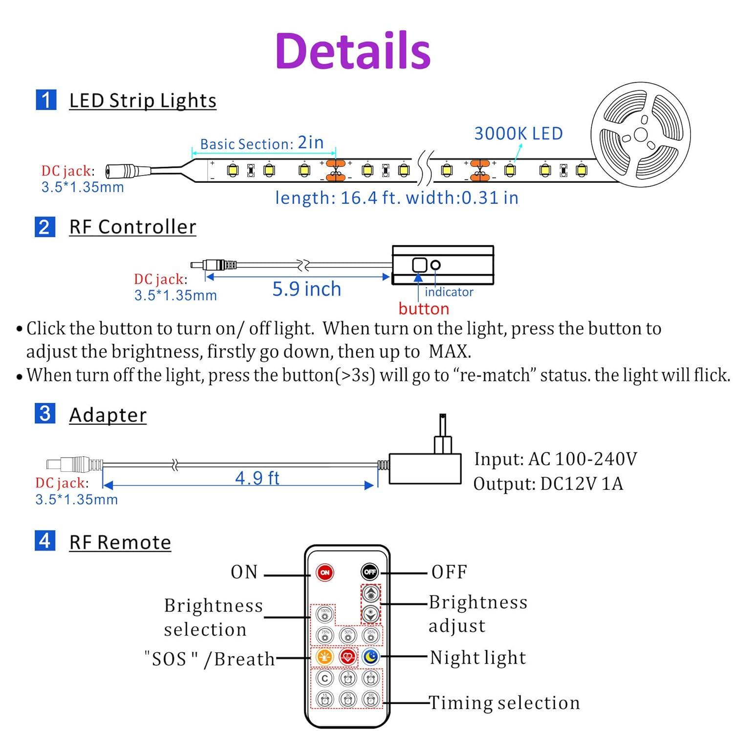 Warm White Dimmable LED Strip Lights: 16.4ft, RF Remote, ETL Listed Adapter