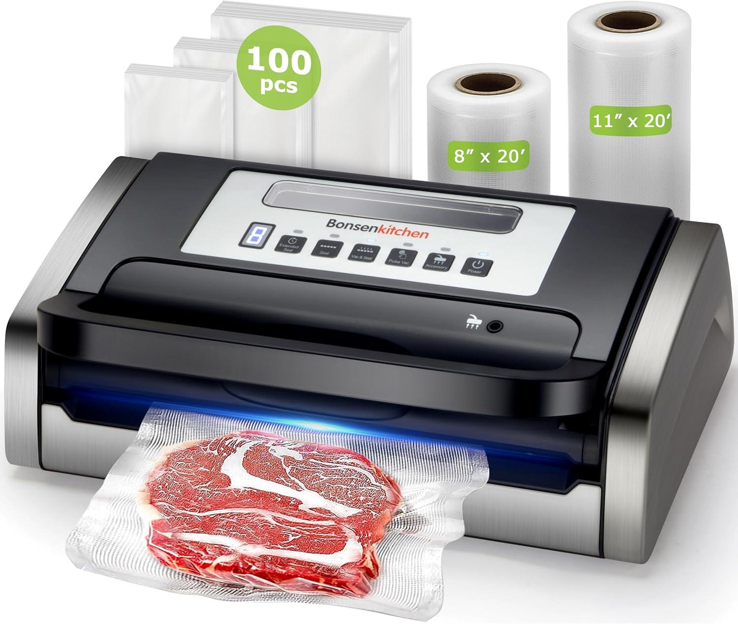 BEACHWATER POOL & SPA, LLC Vacuum Sealer Machine, Powerful Low-Noise Food Vacuum Sealer For High-Speed Continuous Working, Handle Locked Design, Built-In Cutter, 2 Bag Rolls + 100 PCS Vacuum Bags