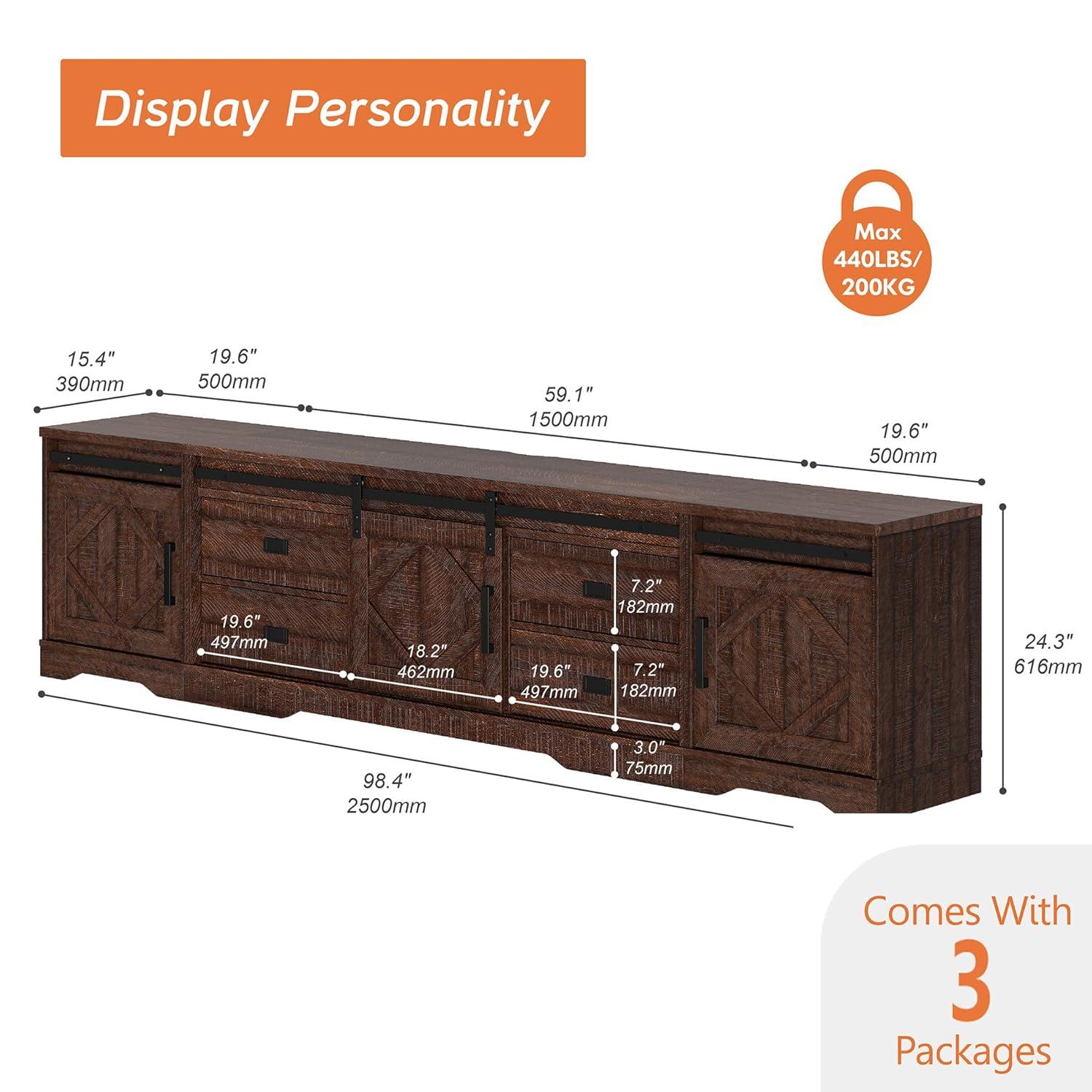 Farmhouse TV Stand for up to 110" TVs with Drawers and Adjustable Shelf for Living Room, Rustic Brown
