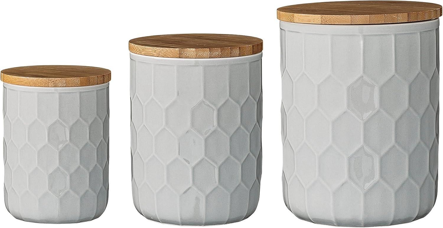 White Honeycomb Ceramic Canister Set with Bamboo Lids