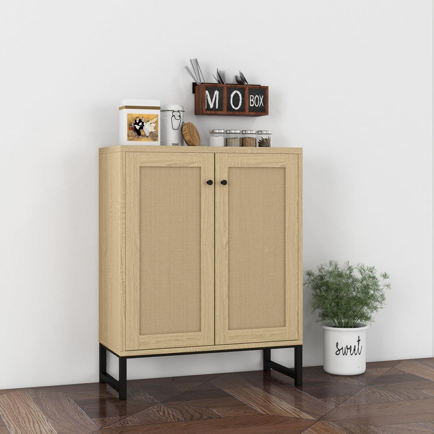 Natural Rattan Decorated Wooden Storage Cabinet with Dual Doors