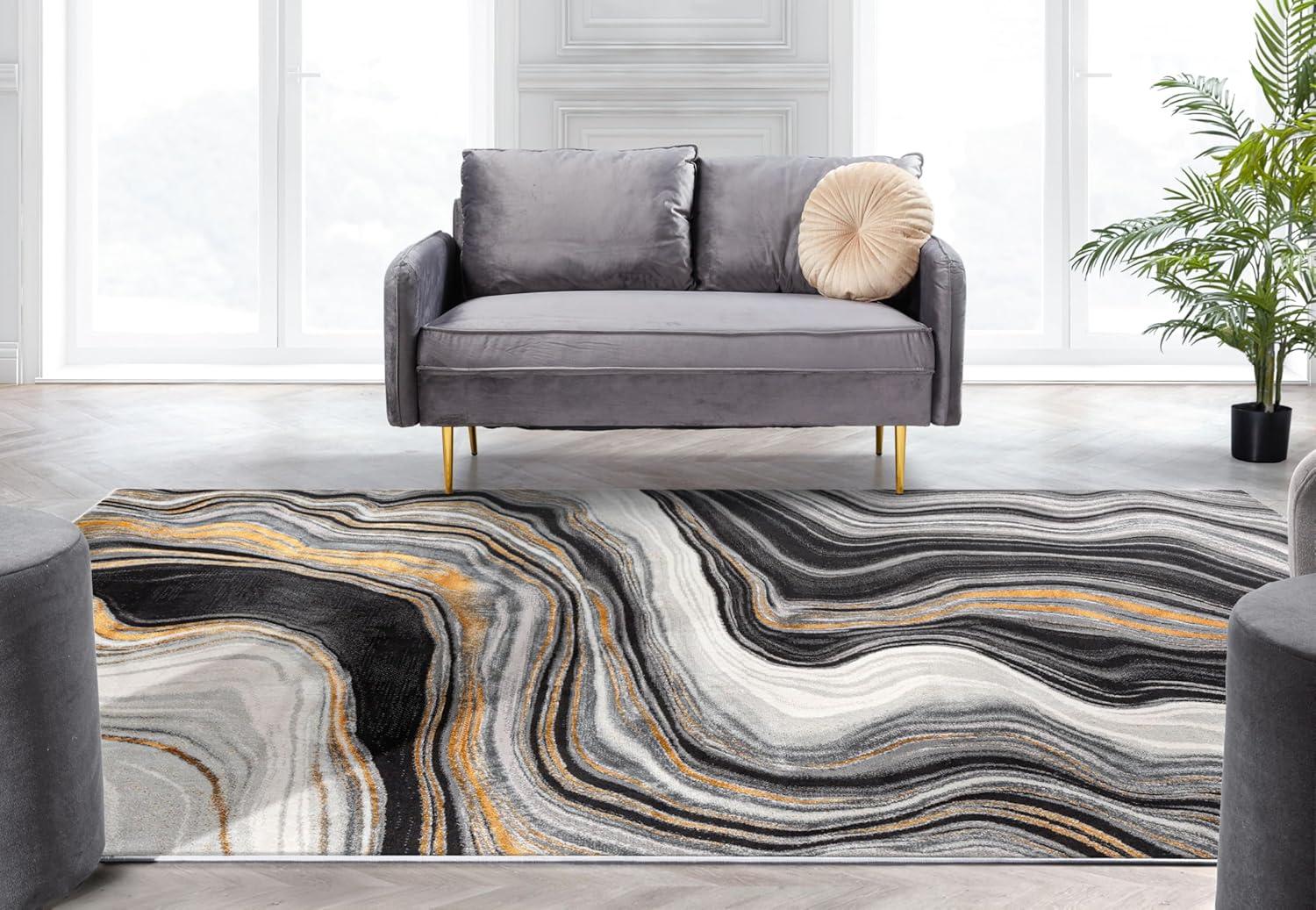 Well Woven Werrick Grey & Gold Striated Marble Pattern Rug 8x10 (7'10" x 9'10")
