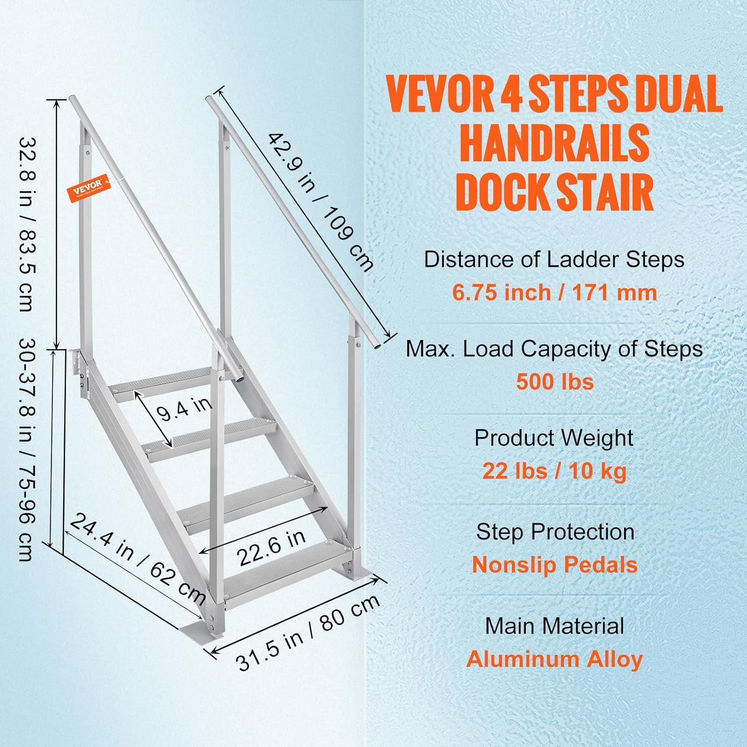 VEVOR Dock Stairs 4 Steps, 500lbs Load Pool Steps, Adjustable Height Aluminum Dock Ladders, Pontoon Boat Ladder with Handrails & Widen Nonslip Pedals for Lake/Pool/Marine Boarding/RV/House