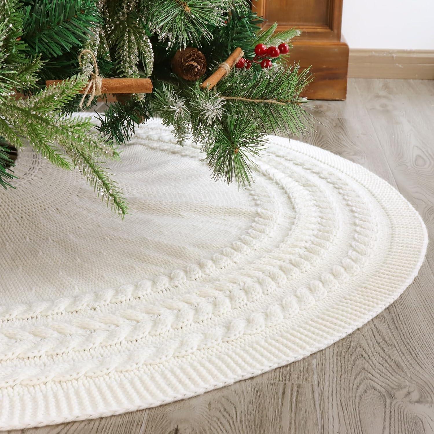 Knitted Christmas Tree Skirt: 48 Inches Cream White Tree Skirt, Diamond Edge Cable Knit Thick Rustic Christmas Tree Decorations, Holiday Christmas Decor Xmas Home Party Decorations