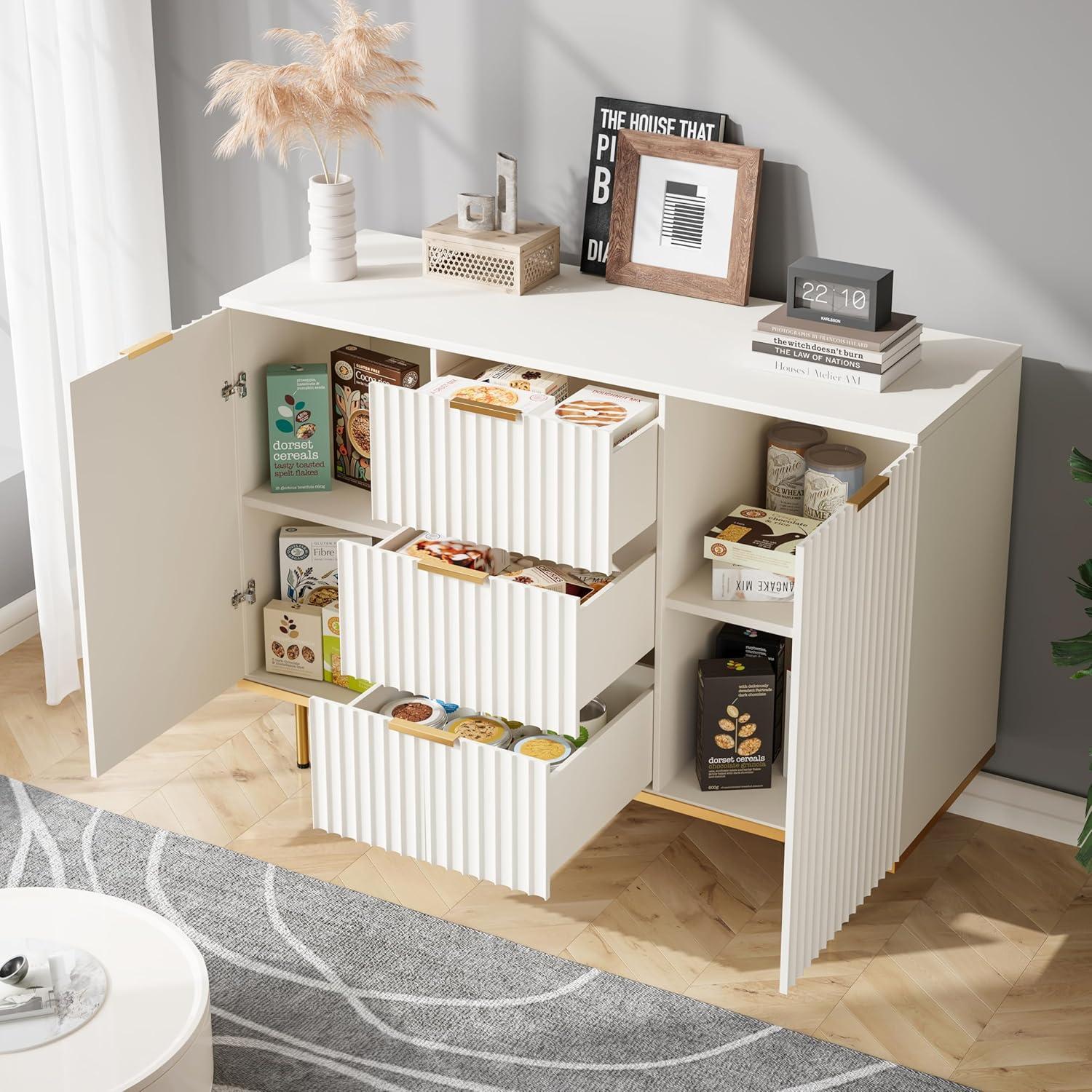 White Fluted Storage Cabinet with Gold Legs and Adjustable Shelves