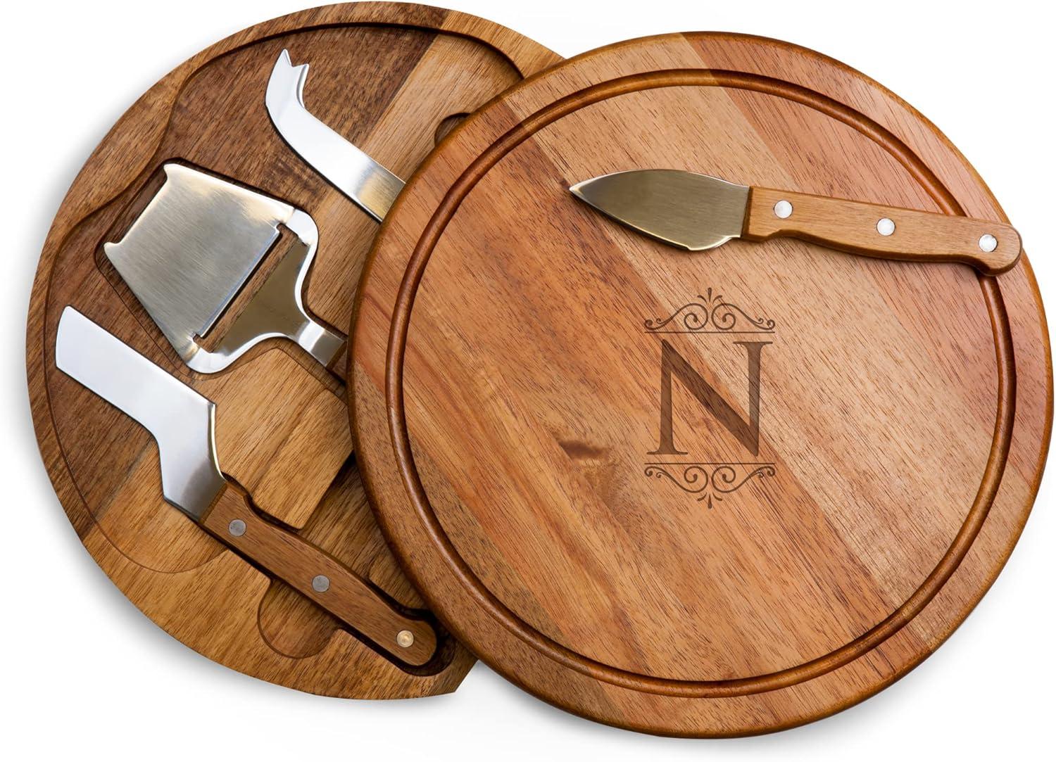 Picnic Time Monogram Acacia Wood Circo Cheese Cutting Board and Tools Set - N: Small Cutting Board & Knife, Charcuterie Set