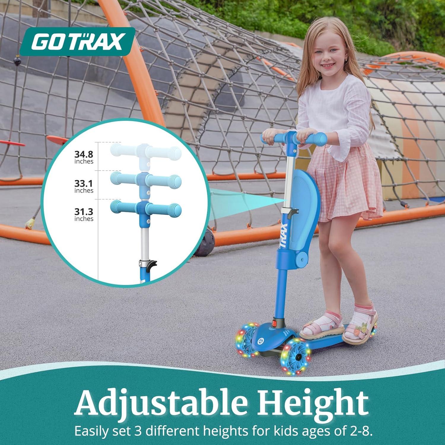 GOTRAX KS3 3 Wheel Kids Scooter with Folding Seat,Light-Up Scooter Suitable for Boys&Girls Ages 2~8, Blue