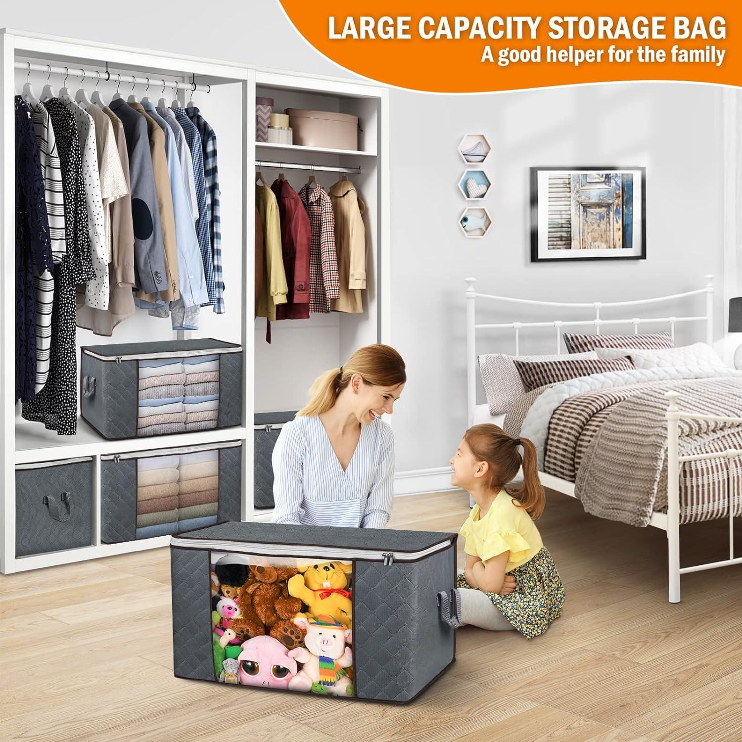 Budding Joy Clothes Storage, Foldable Large Blanket Storage Bags with Zippers, Storage and Organization for Clothing, Comforter, Bedding, Toys, Closet Organizers with Enhanced Handle, 60L 6 Pack Gray