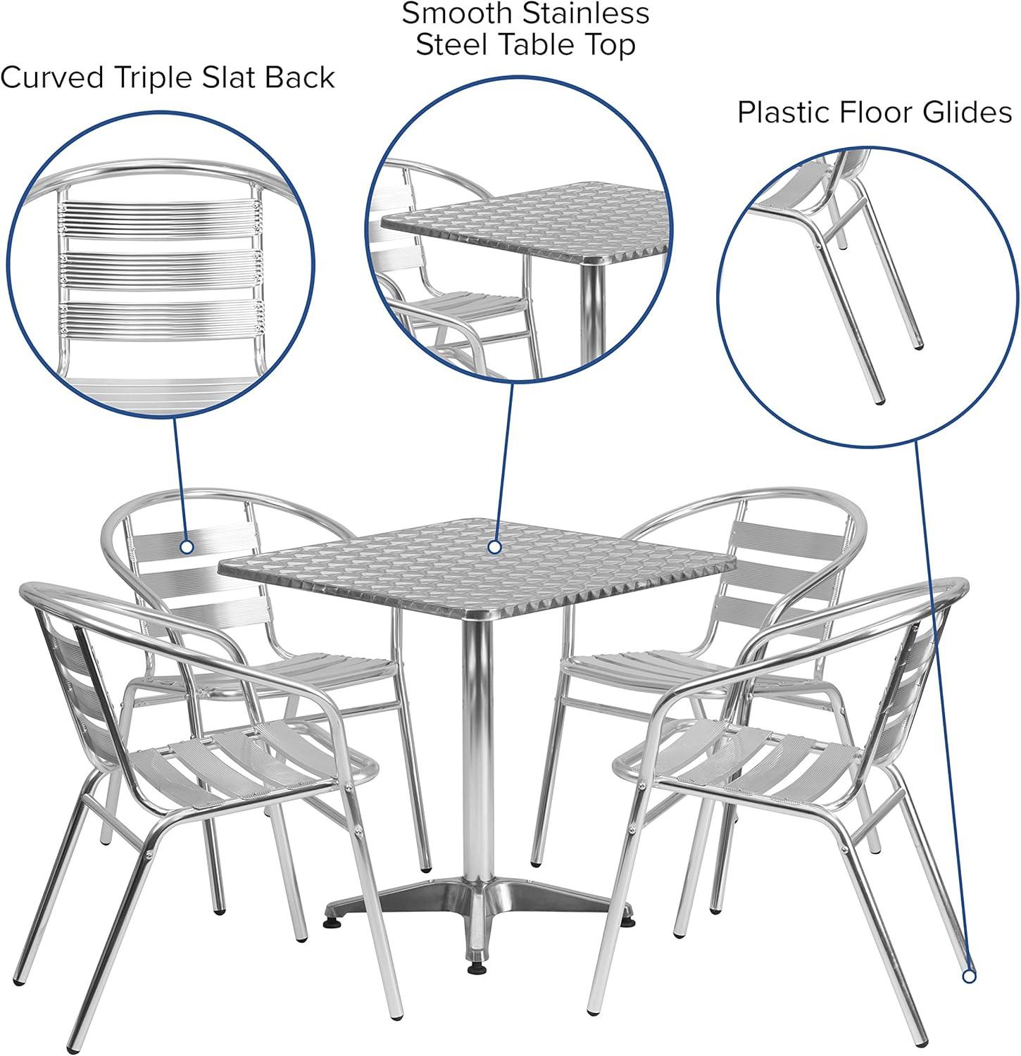 Silver Aluminum 5-Piece Patio Dining Set with Square Table and Slat Back Chairs