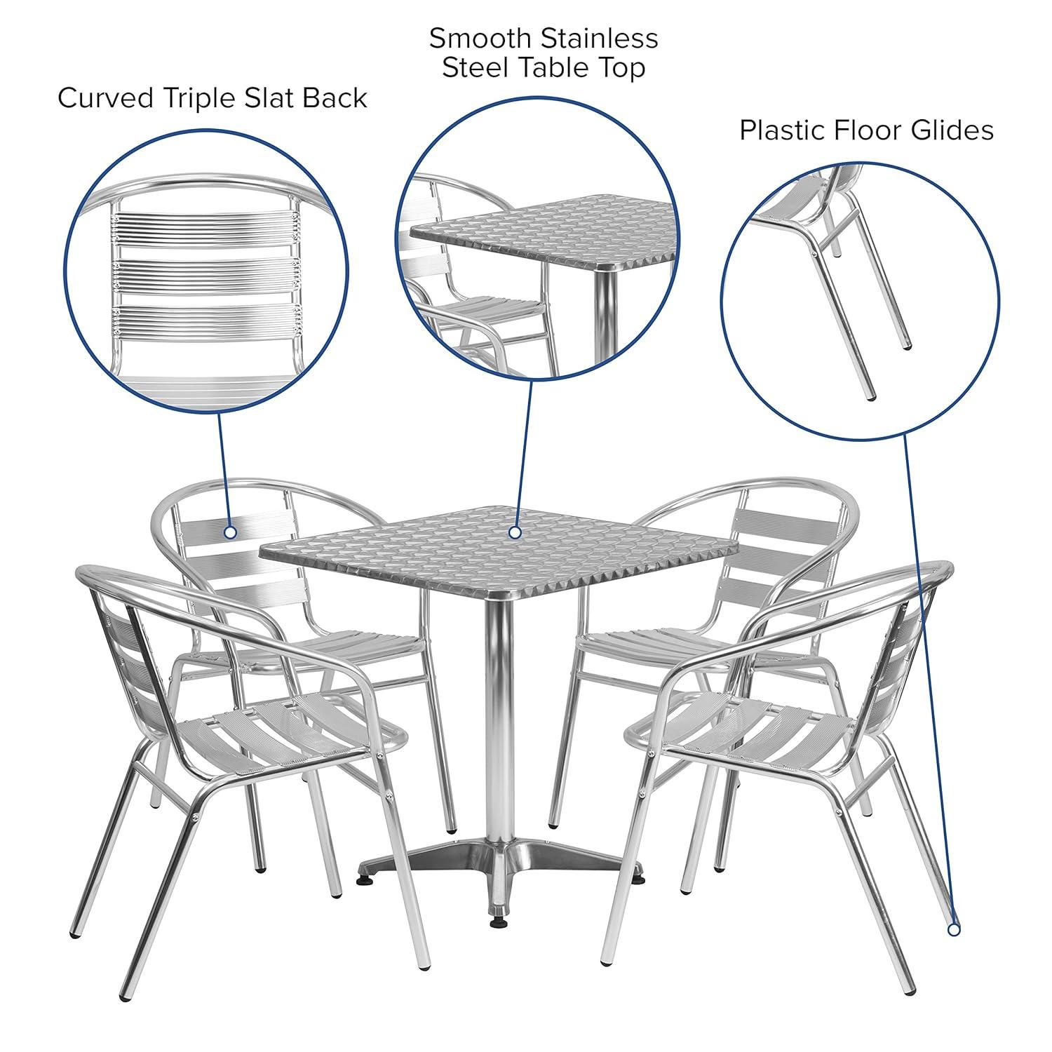 Flash Furniture Juego de Comedor de Aluminio para Terraza de 5 Piezas con Mesa Cuadrada y 4 Sillas con Respaldo de Listones, Plateado