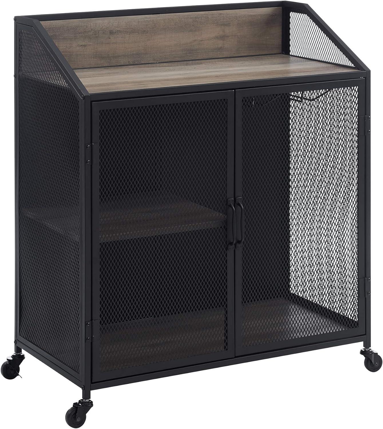 Urban Industrial Grey Wash Metal Mesh Rolling Bar Cabinet