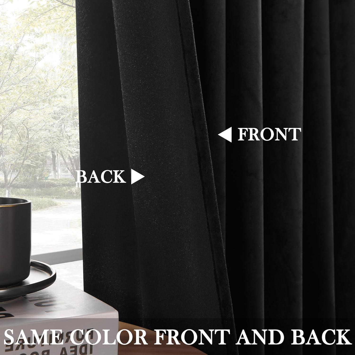 JIUZHEN Black Velvet Curtains for Living Room -96 inches Long Rod Pocket Thermal Insulated Room Darkening Window Drapes for Bedroom, Set of 2 Panels with Tiebacks, 52 x 96 inches