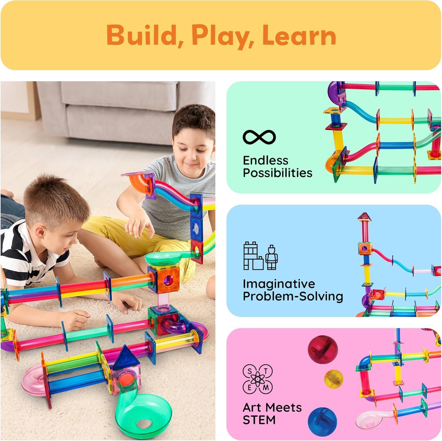 PICASSO-TILES Marble Run Race Track Set,  Magnetic Tiles, Building Blocks, STEM Toys for Kids, 120pc