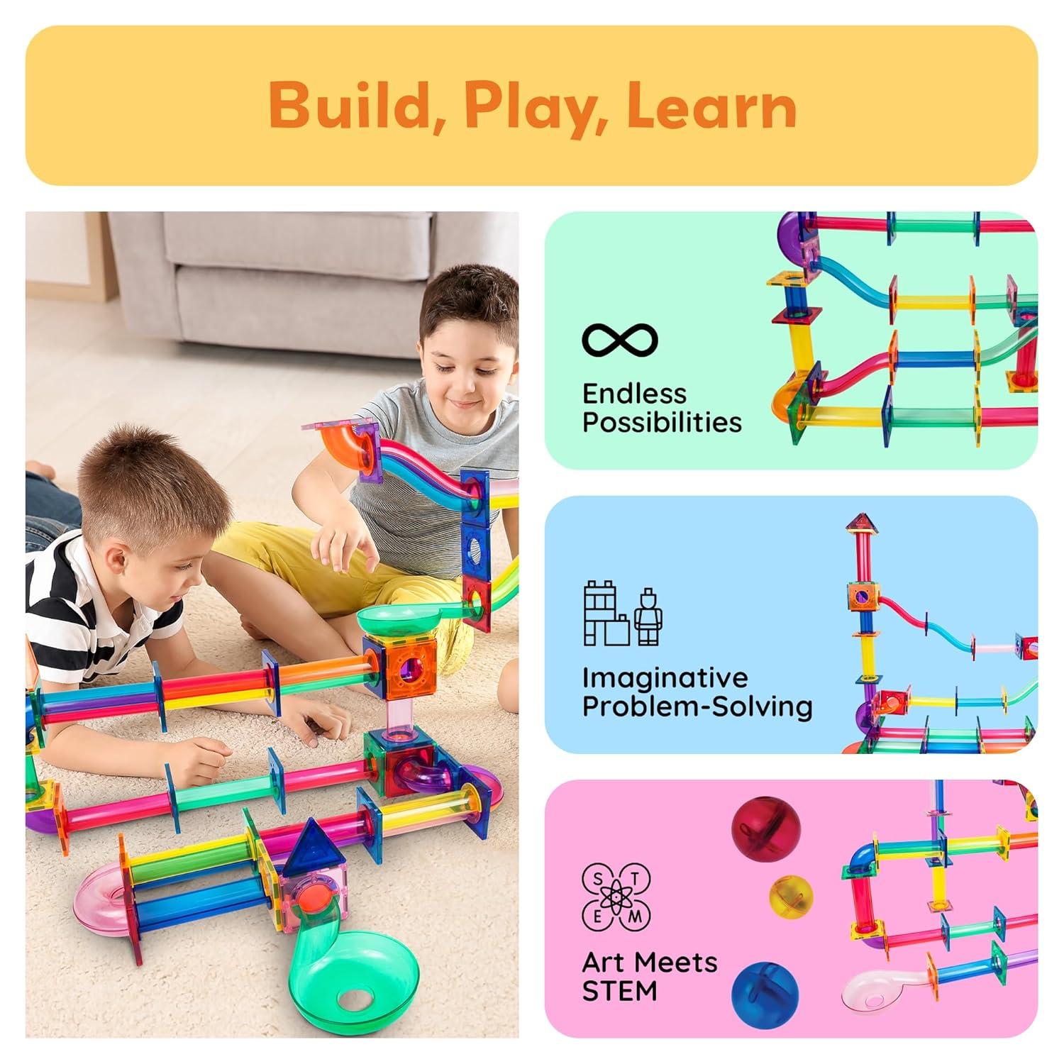 PICASSO-TILES Marble Run Race Track Set,  Magnetic Tiles, Building Blocks, STEM Toys for Kids, 120pc