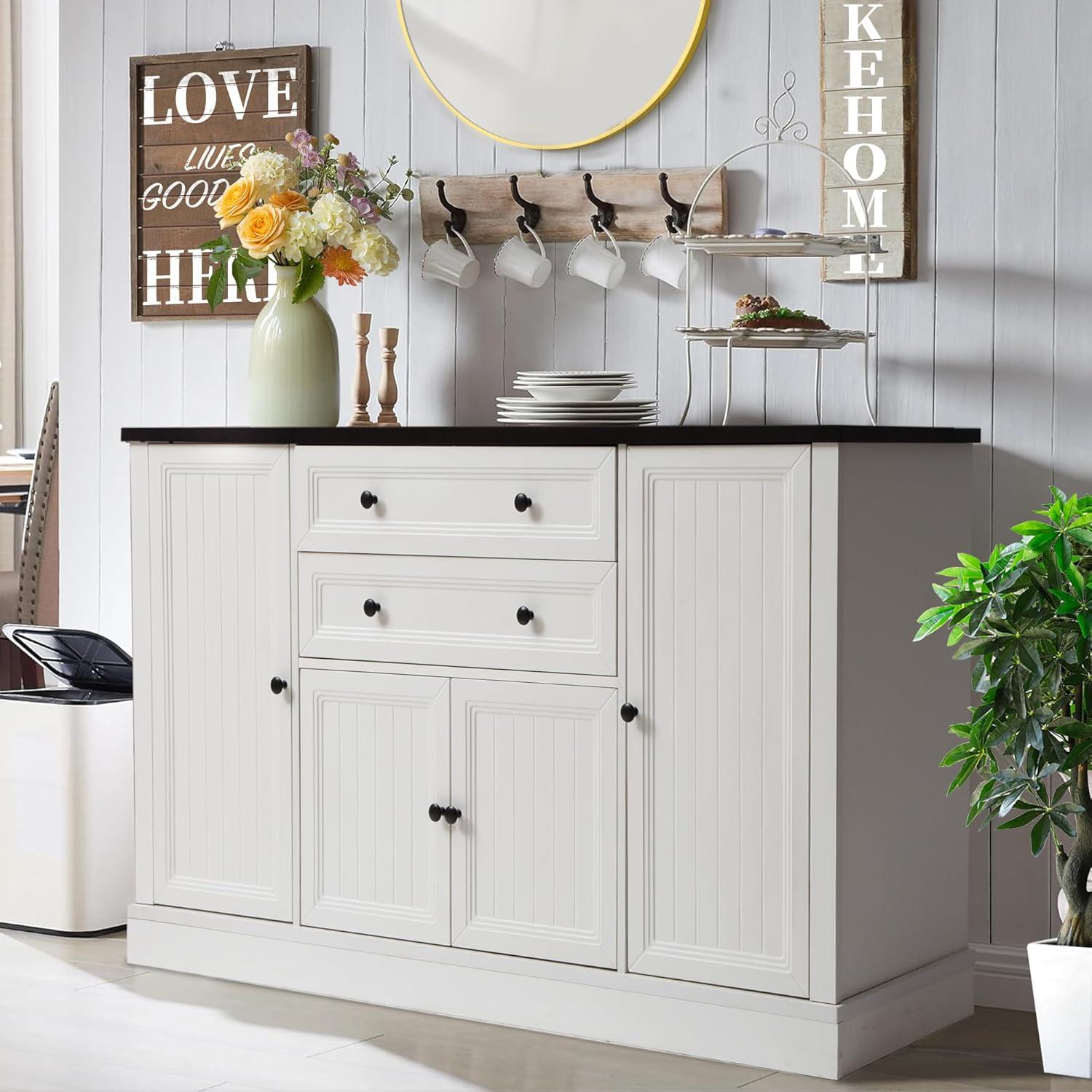 Magic Union 58" Farmhouse Sideboard Buffet Cabinet, Coffee Bar Cabinet with 2 Large Drawers & 4 Grooved Barn Doors, Wood Storage Cabinets for Dinning Room, Kitchen, Living Room, White