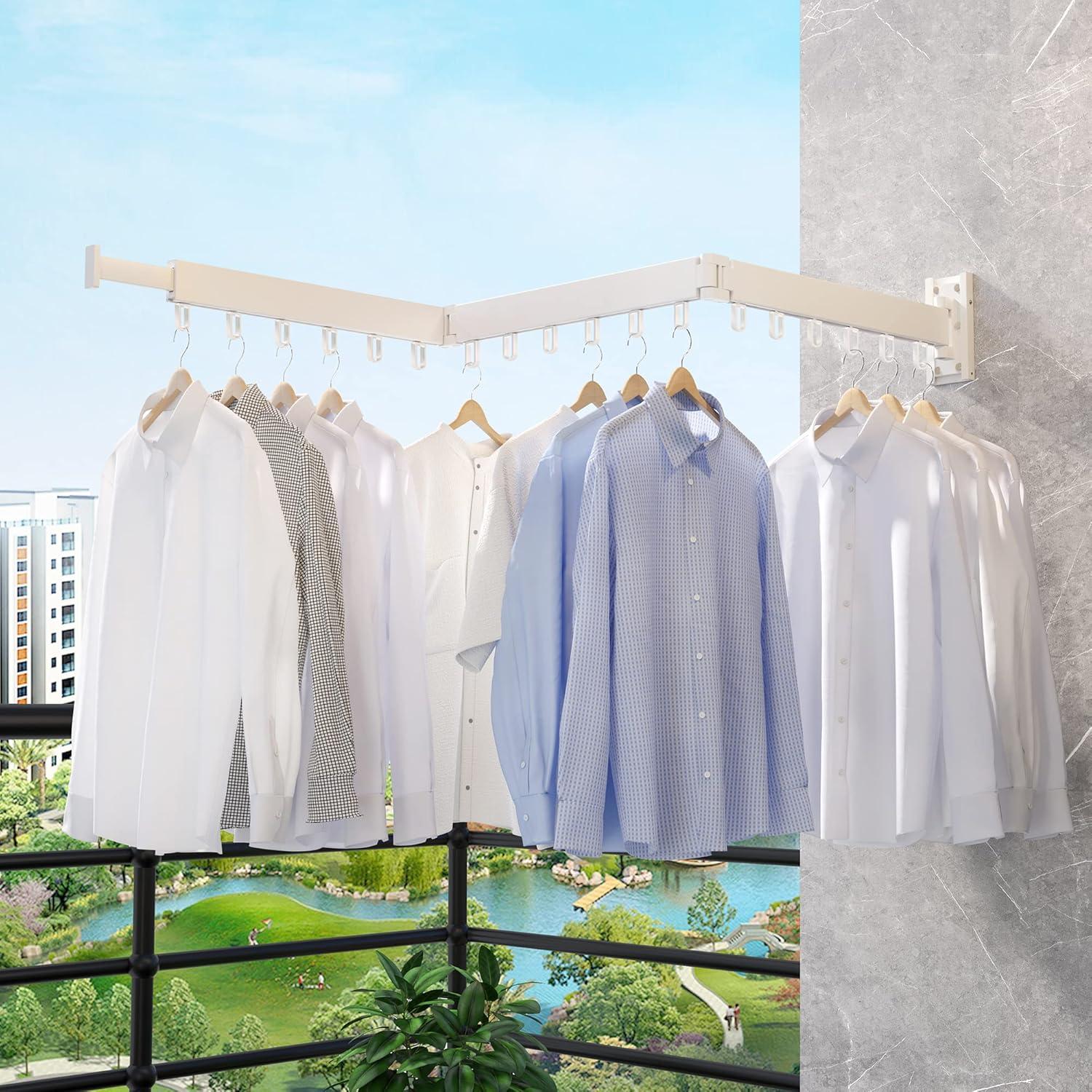 Dr.DJ Clothes Drying Rack for Laundry, Retractable Clothes Hanger Rack Wall Mounted Folding Indoor, Drying Rack, Space Saver Clothes Rack,Collapsible (Tri-Fold) with 18 J-Hooks Laundry Rack White