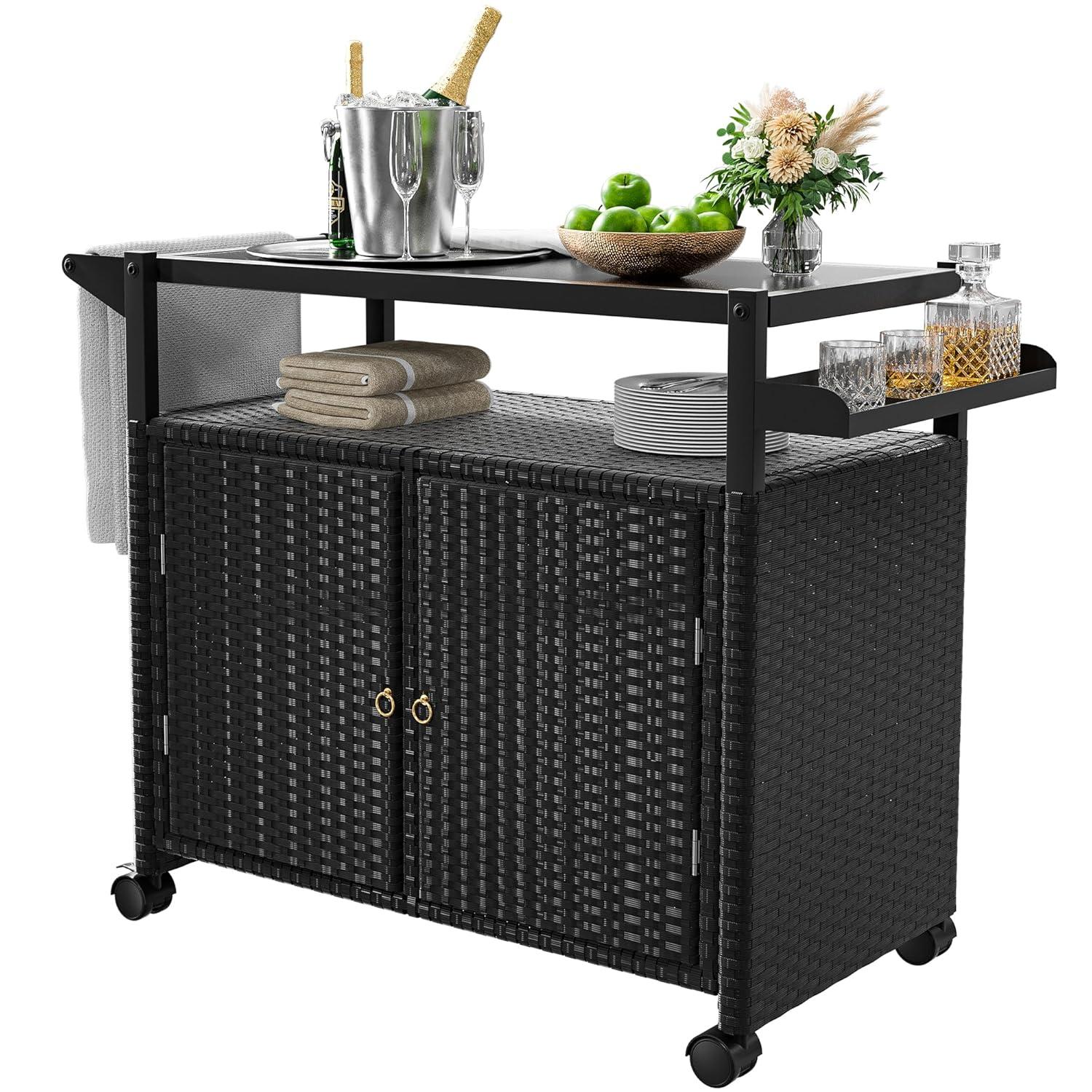 Xilingol Outdoor Bar Table, Wicker Bar Cart with Cabinet, Patio Serving Cart with Tempered Glass Top, Lockable Wheels, Rounded Handle & Side Basket for Garden, Poolside & Backyard, Black