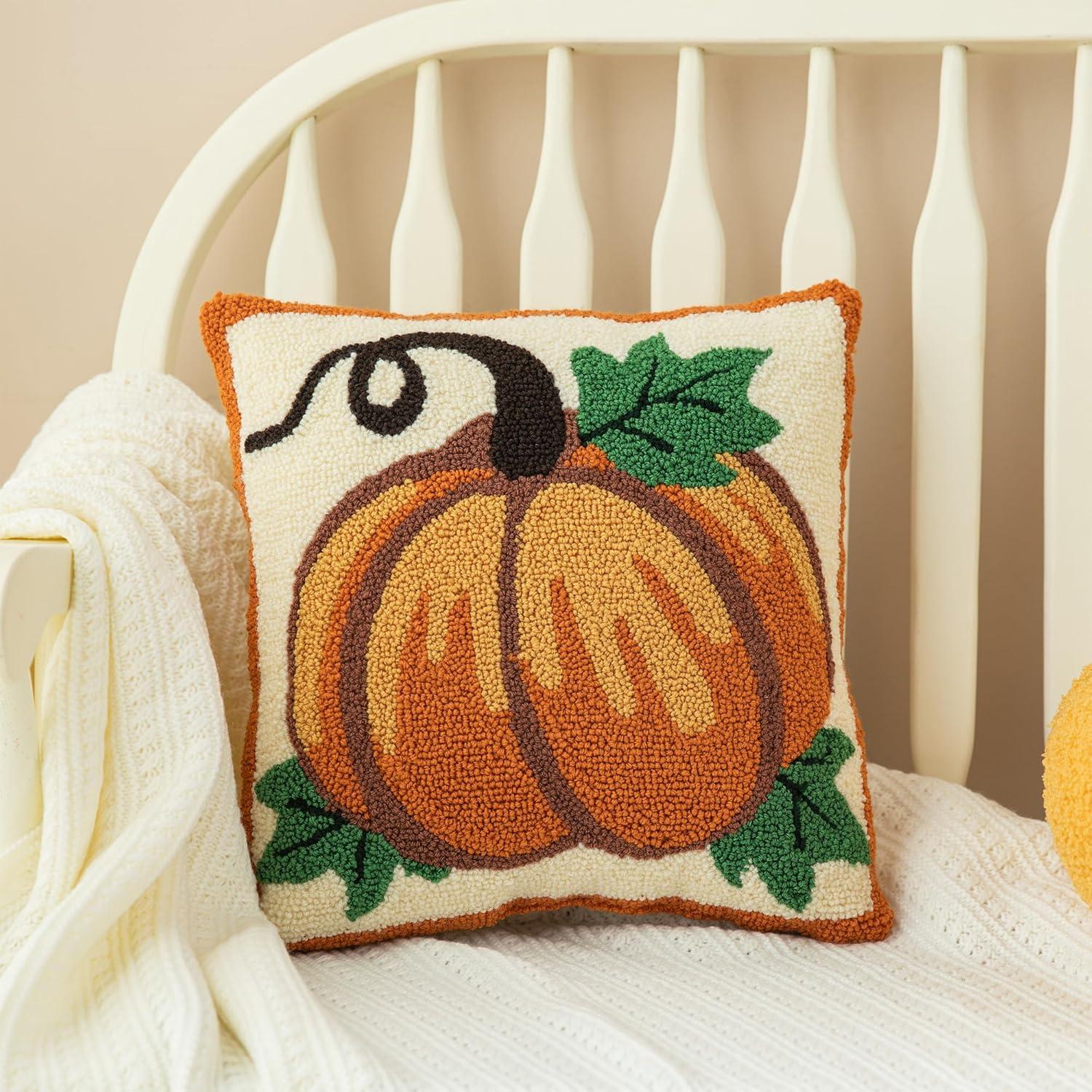 Handmade Hooked Pumpkin Fall Throw Pillow 14" x 14"