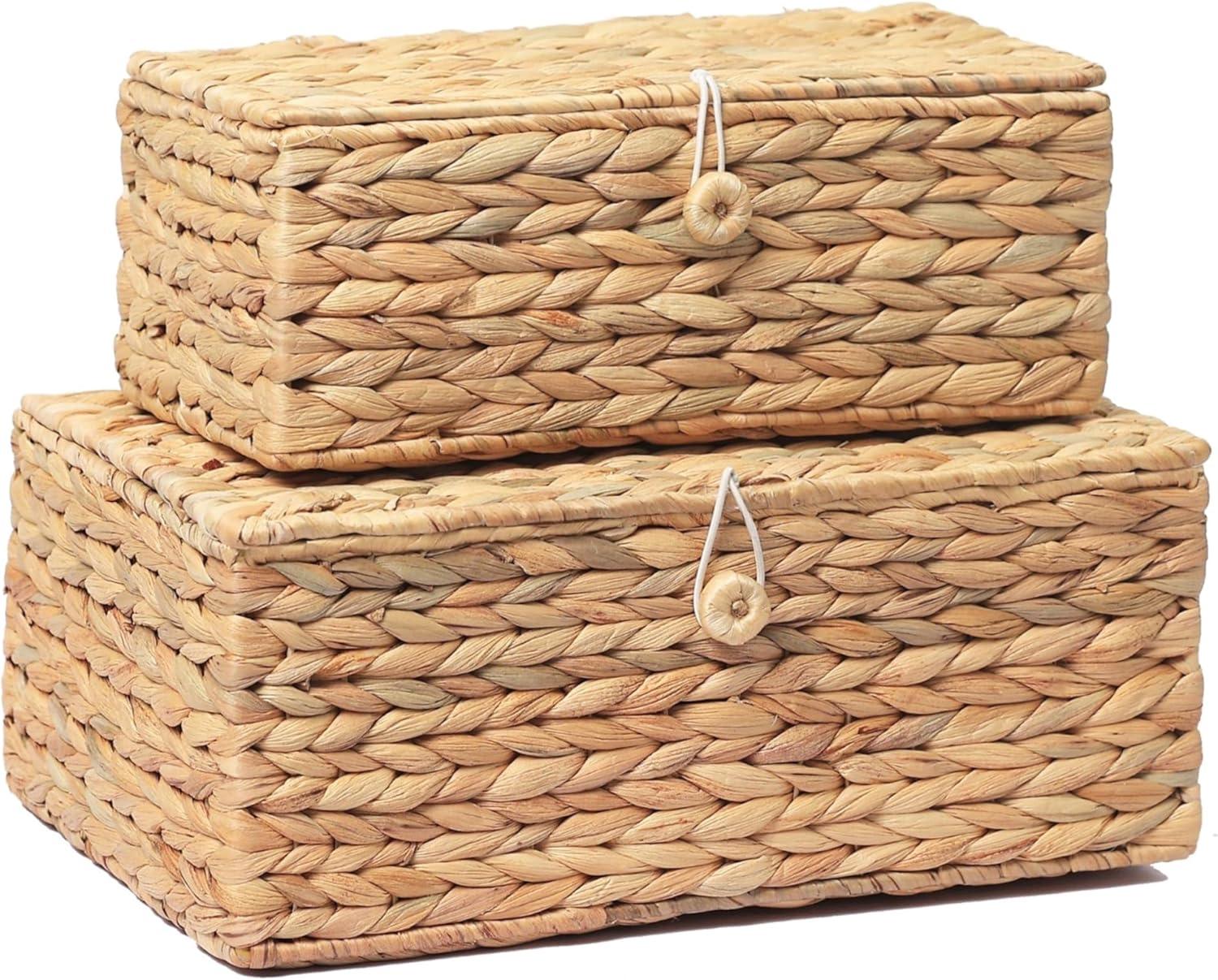 Set Of 2 Rectangular Wicker Storage Bins With Lid, Rattan Basket Decorative Boxes, Multipurpose Organizer Rattan Display Boxes For Shelf Organizer, Boho Rattan Box For Home Decoration